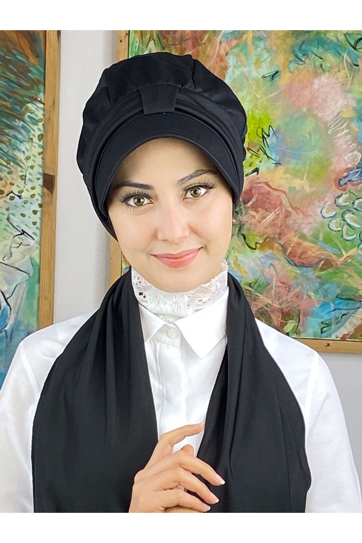 Siyah Krep Fularlı Tek Biritli Şapka