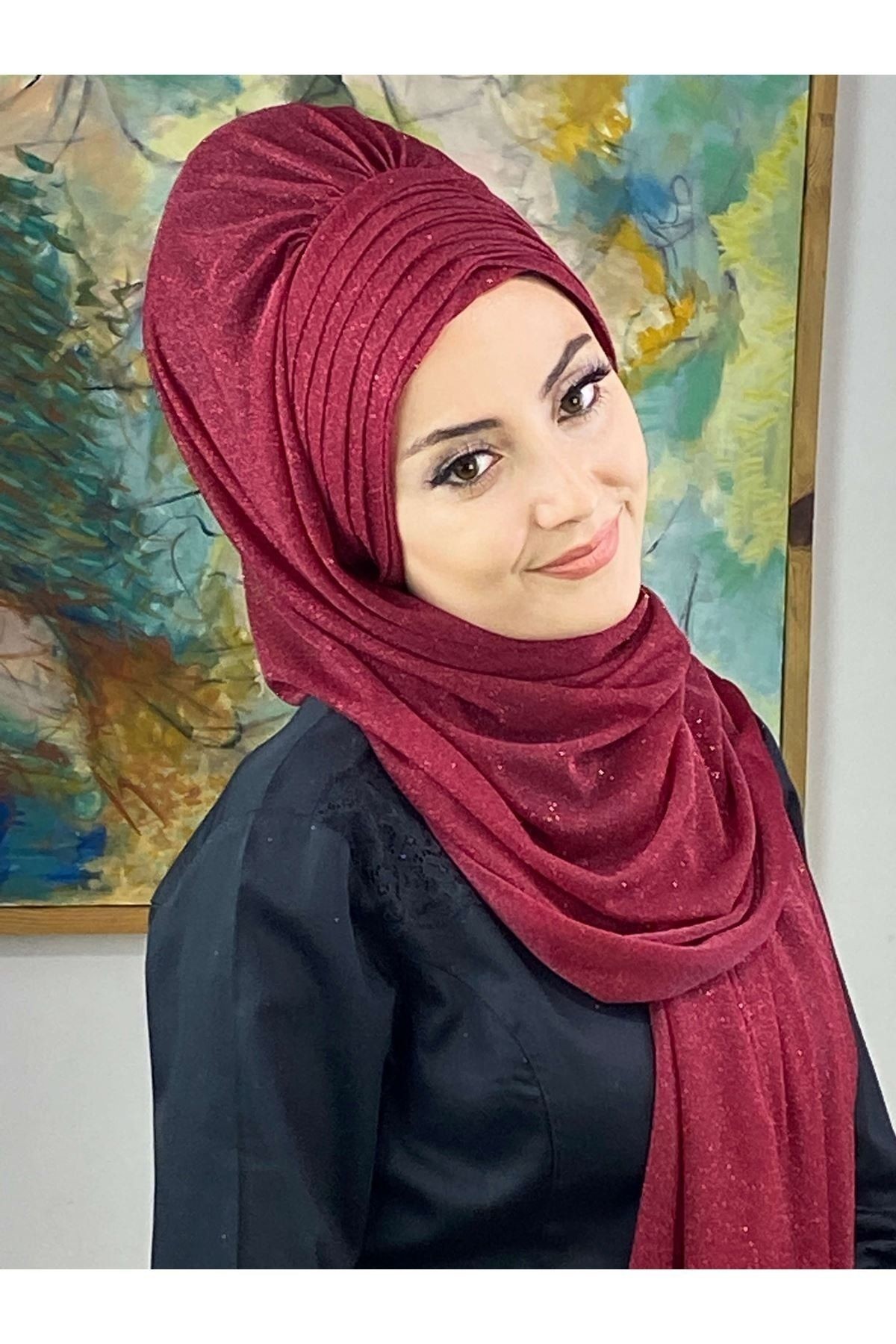 Simli Bordo Abiye Tesettür Şal