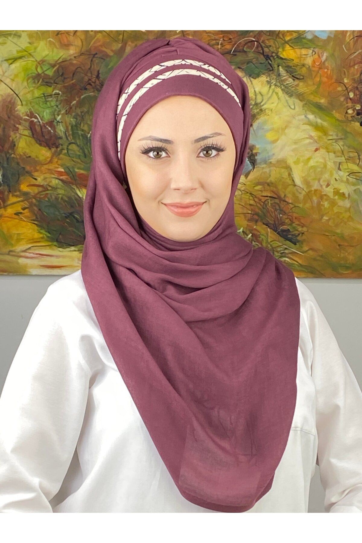 Saray Model Krem Şerit Desenli Açık Mürdüm Hazır Şal