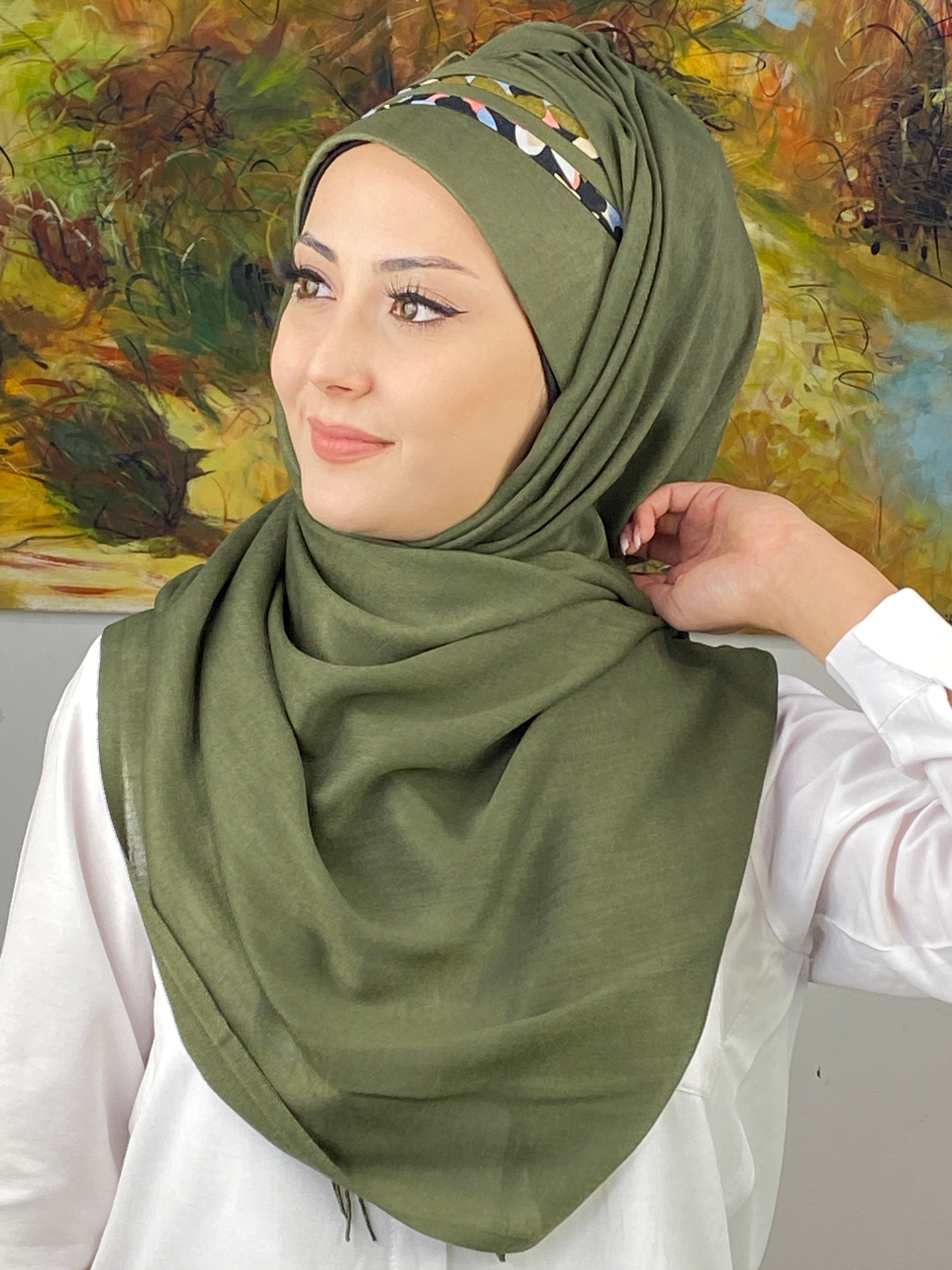 Saray Model Yeşil Çiçek Şeritli Yağ Yeşili Hazır Şal