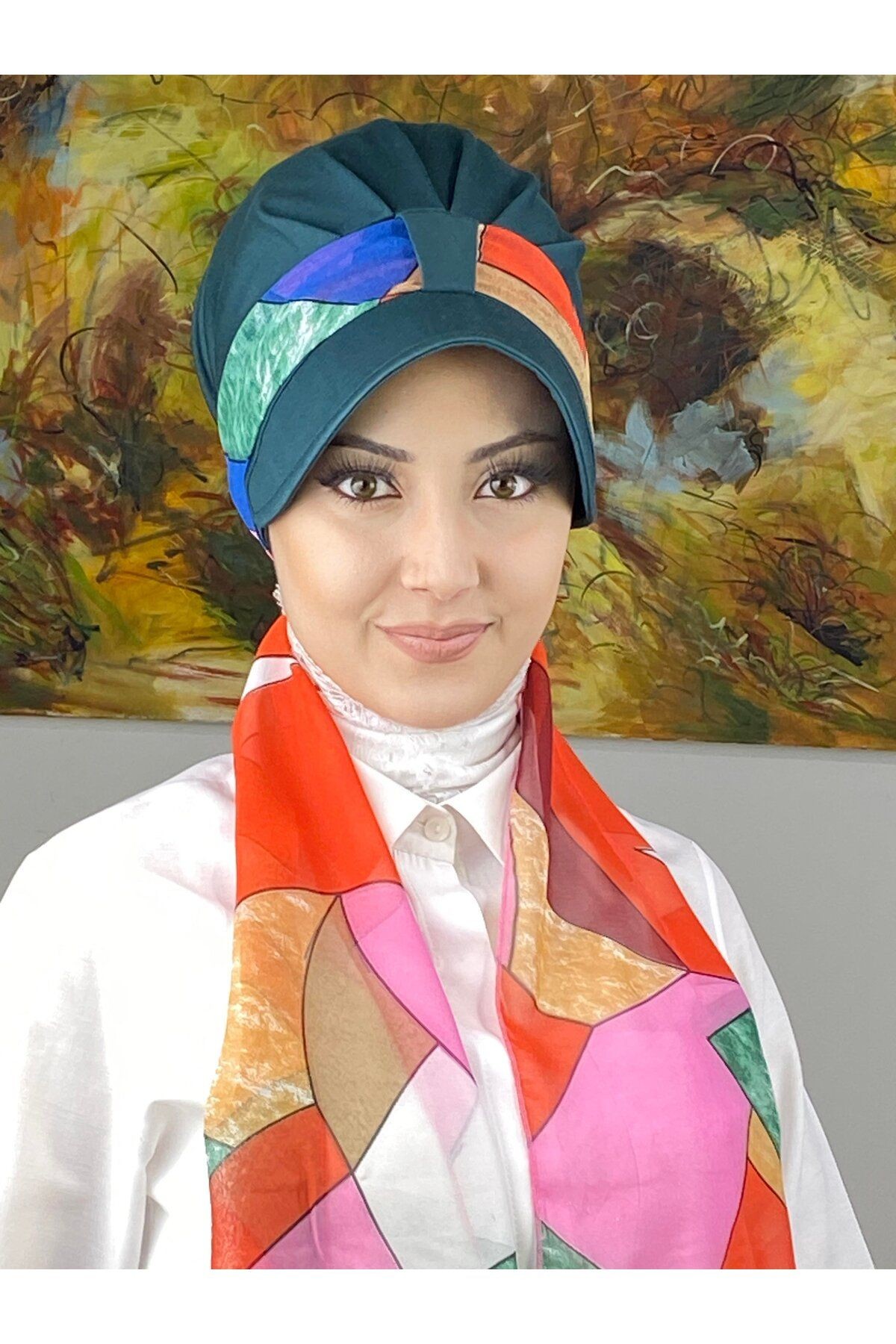 Floral Desenli Tek Biritli Fularlı Şapka