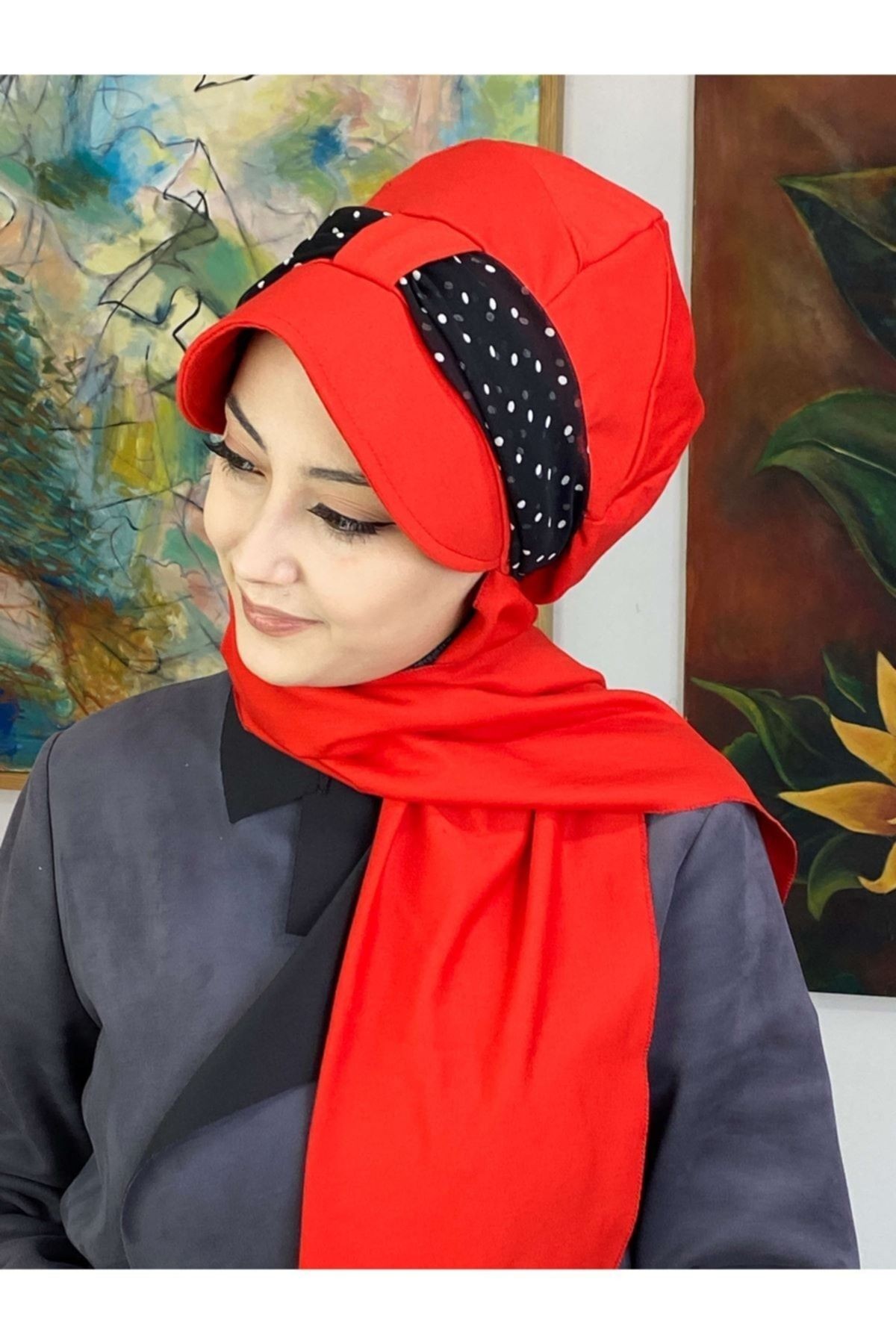 Beyaz Puantiyeli Desenli Cırtcırtlı Fularlı  Nar Çiçeği Atkılı  Tek Biritli Şapka Şal