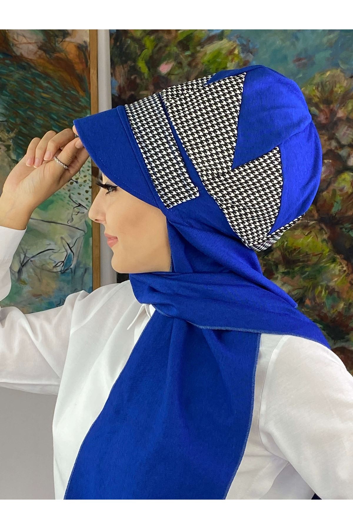 Kazayağı Saks Mavisi Tokalı Kemerli Şapka Şal