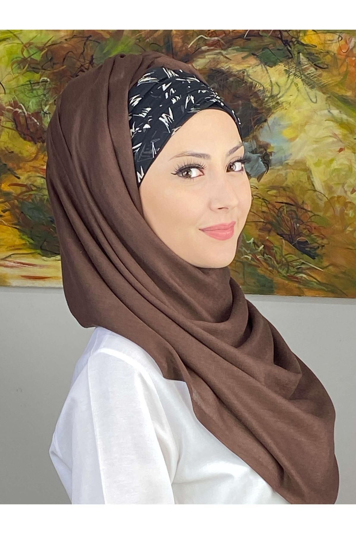 Siyah Beyaz Desenli Sepya Büzgülü Hazır Şal