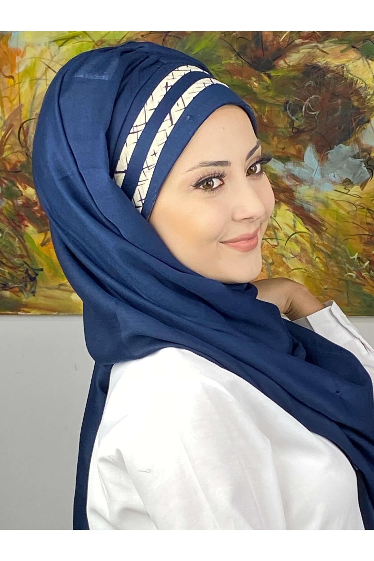 Saray Model Yan Drapeli Krem Şeritli Desen Hazır Şal