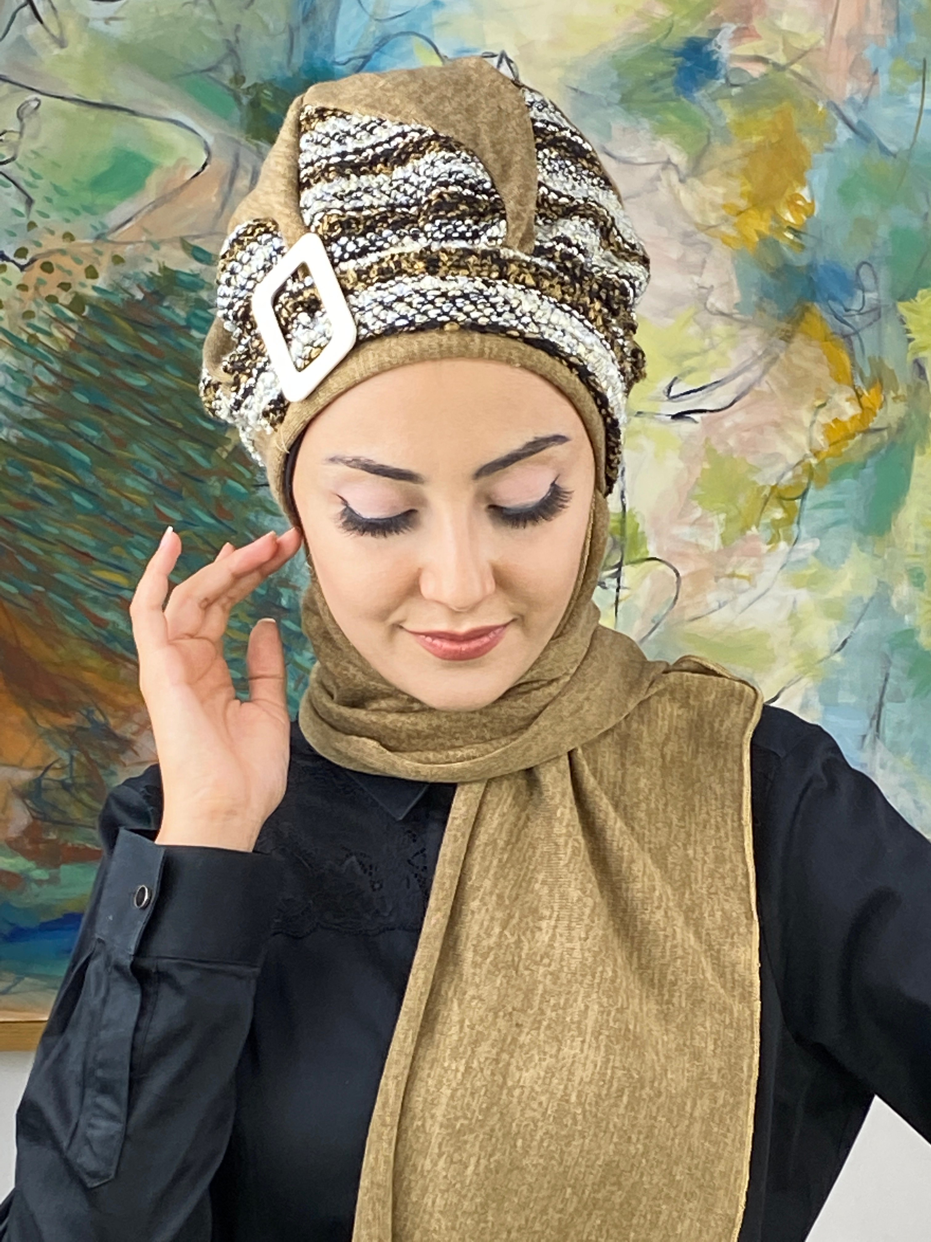  Çizgili Haroşalı Triko Tesettür Bere