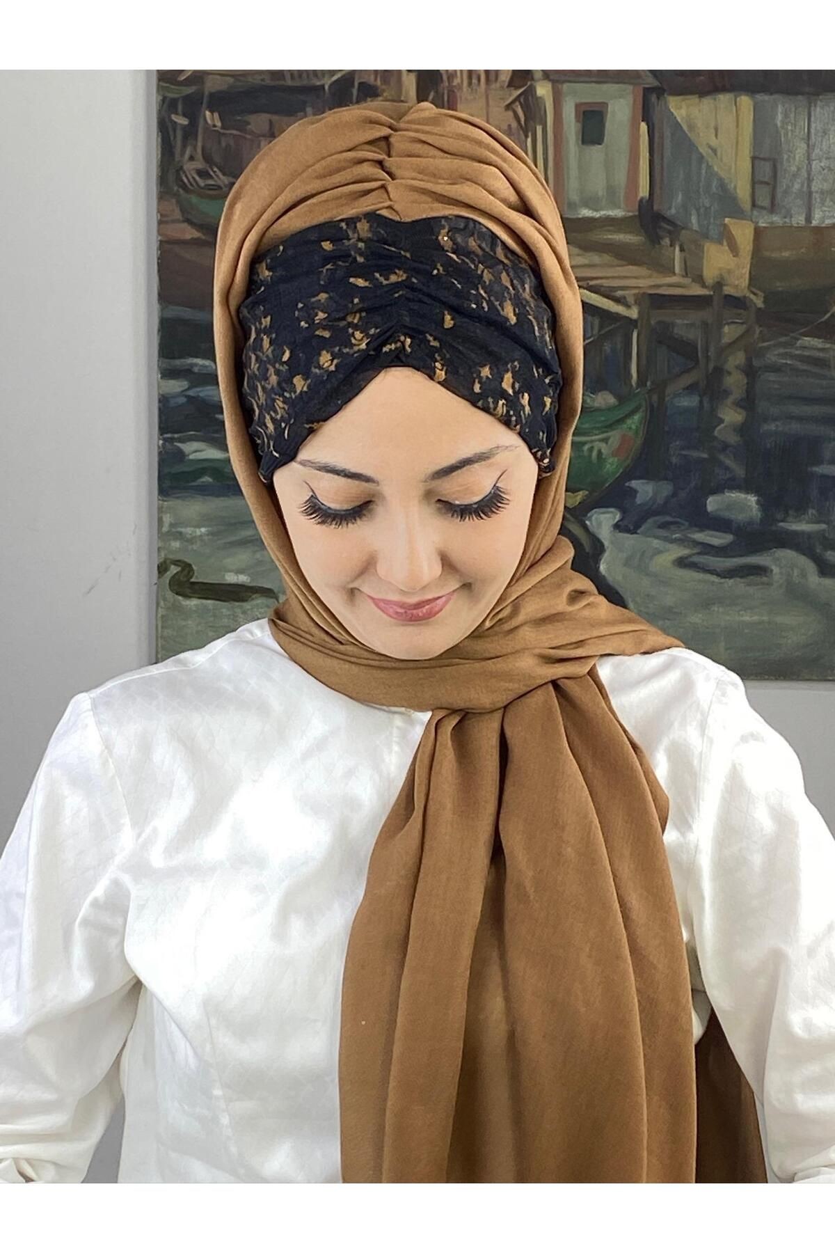 KAHVE SARI KAZAYAKLI BÜZGÜLÜ ŞAL