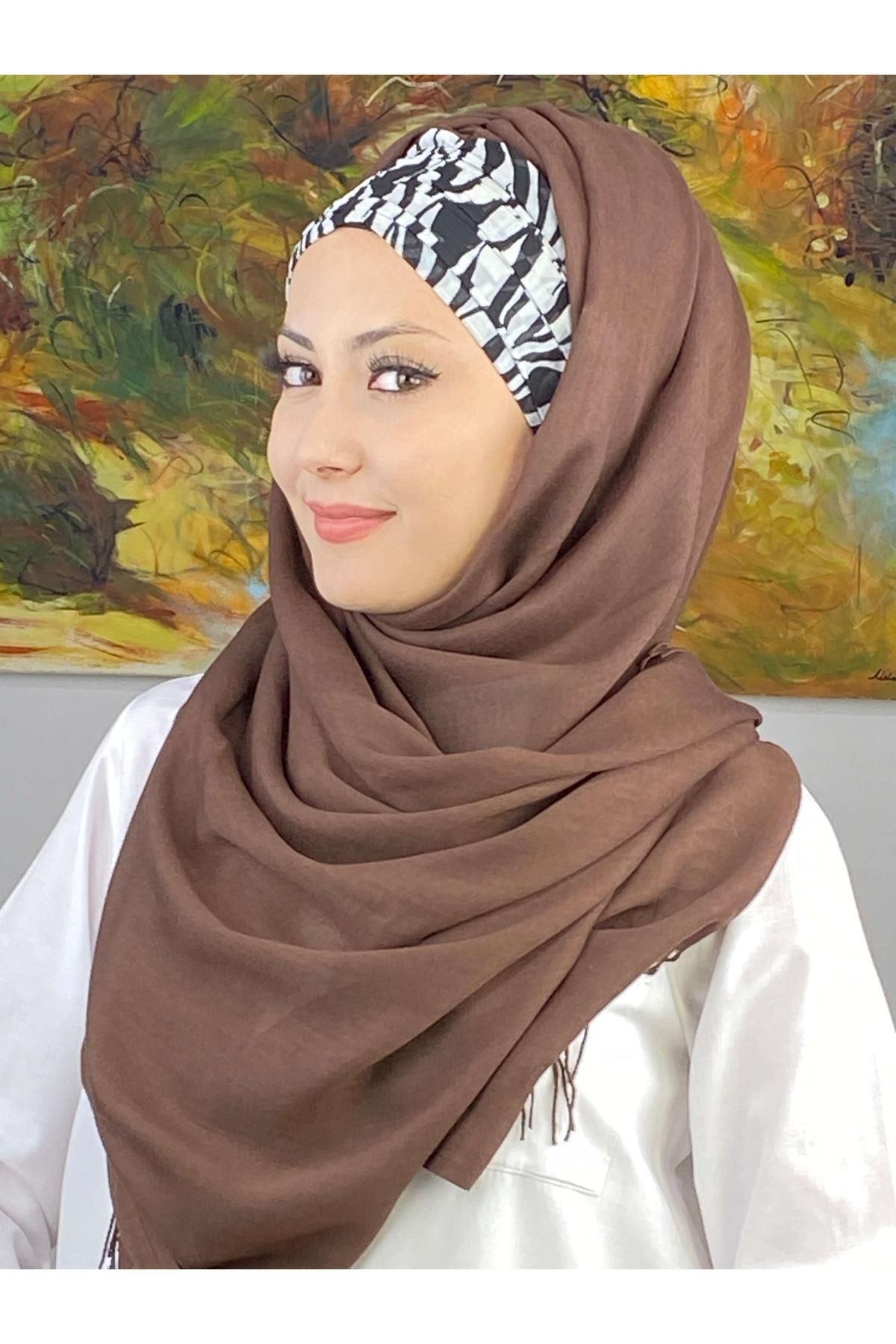 Zebra Desenli Sepya Büzgülü Hazır Şal