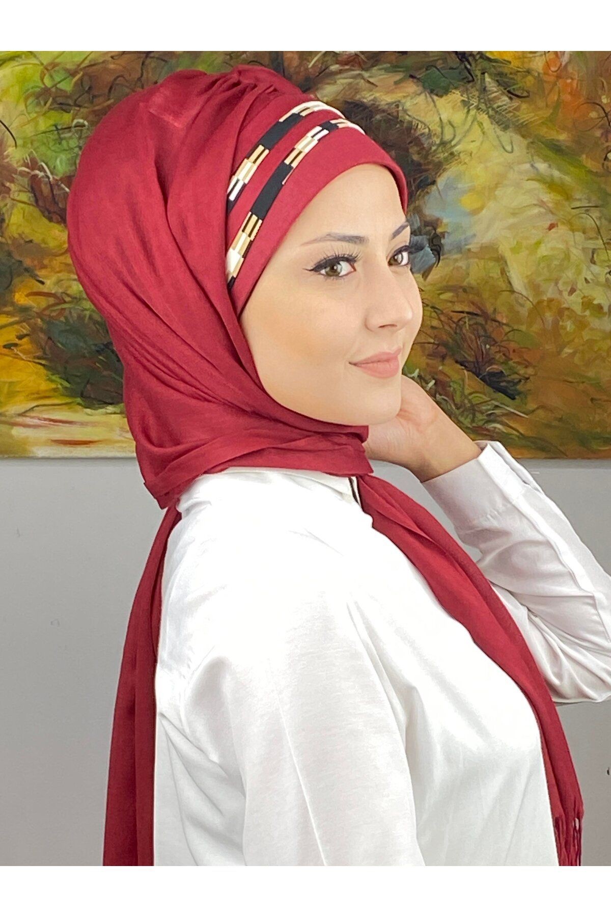 Saray Model Retro Desenli Bordo Hazır Şal