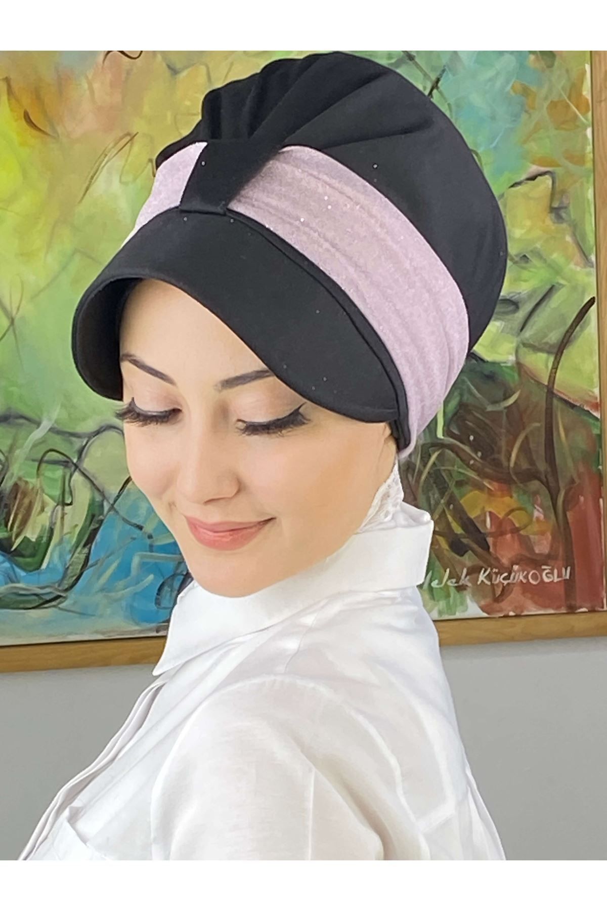 Cırtcırtlı Toz Pembe Simli Şifon Fularlı Şapka