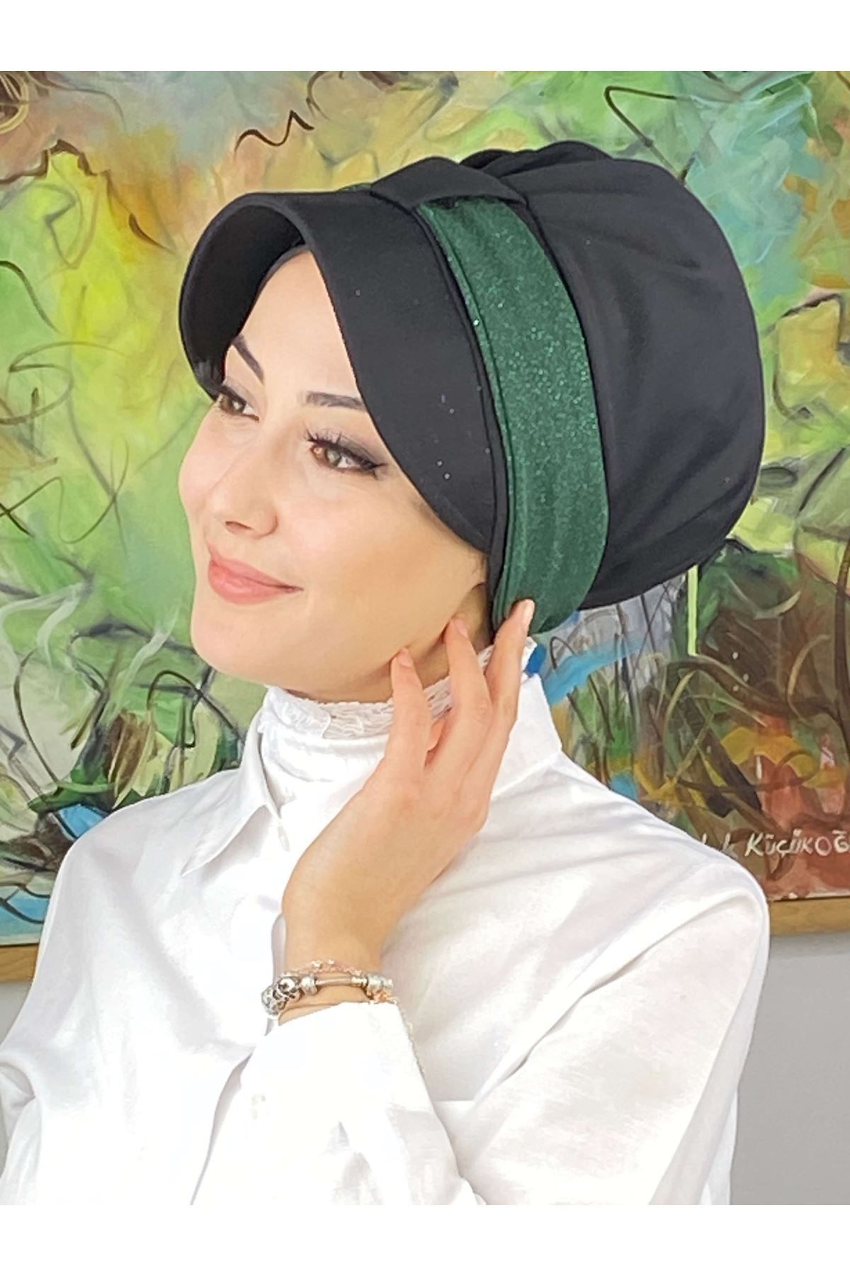 Cırtcırtlı Nane Yeşili Simli Şifon Fularlı Şapka