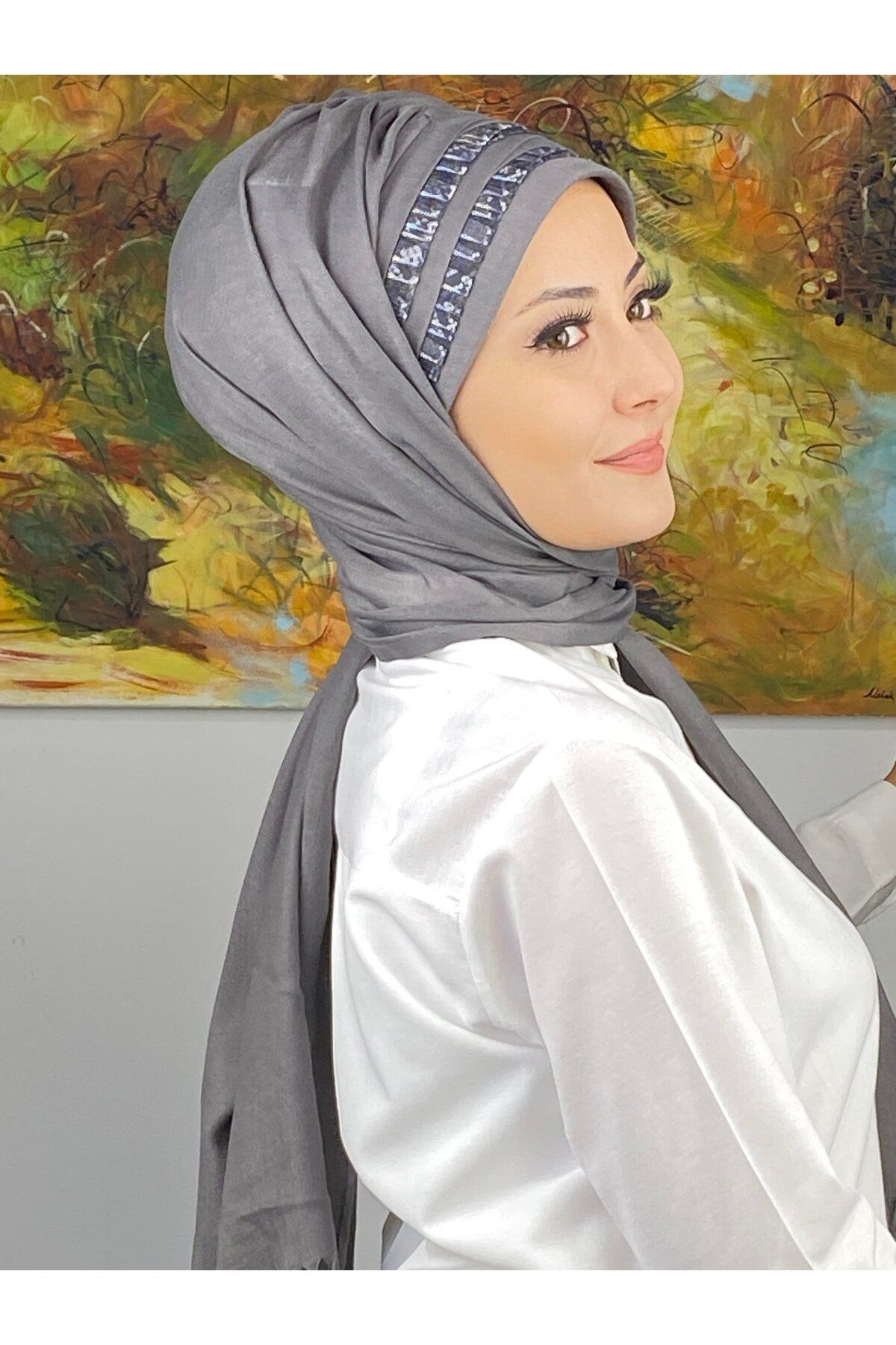 Topkapı Model Gri Soyut Desenli Şeritli Koyu Gri Hazır Şal