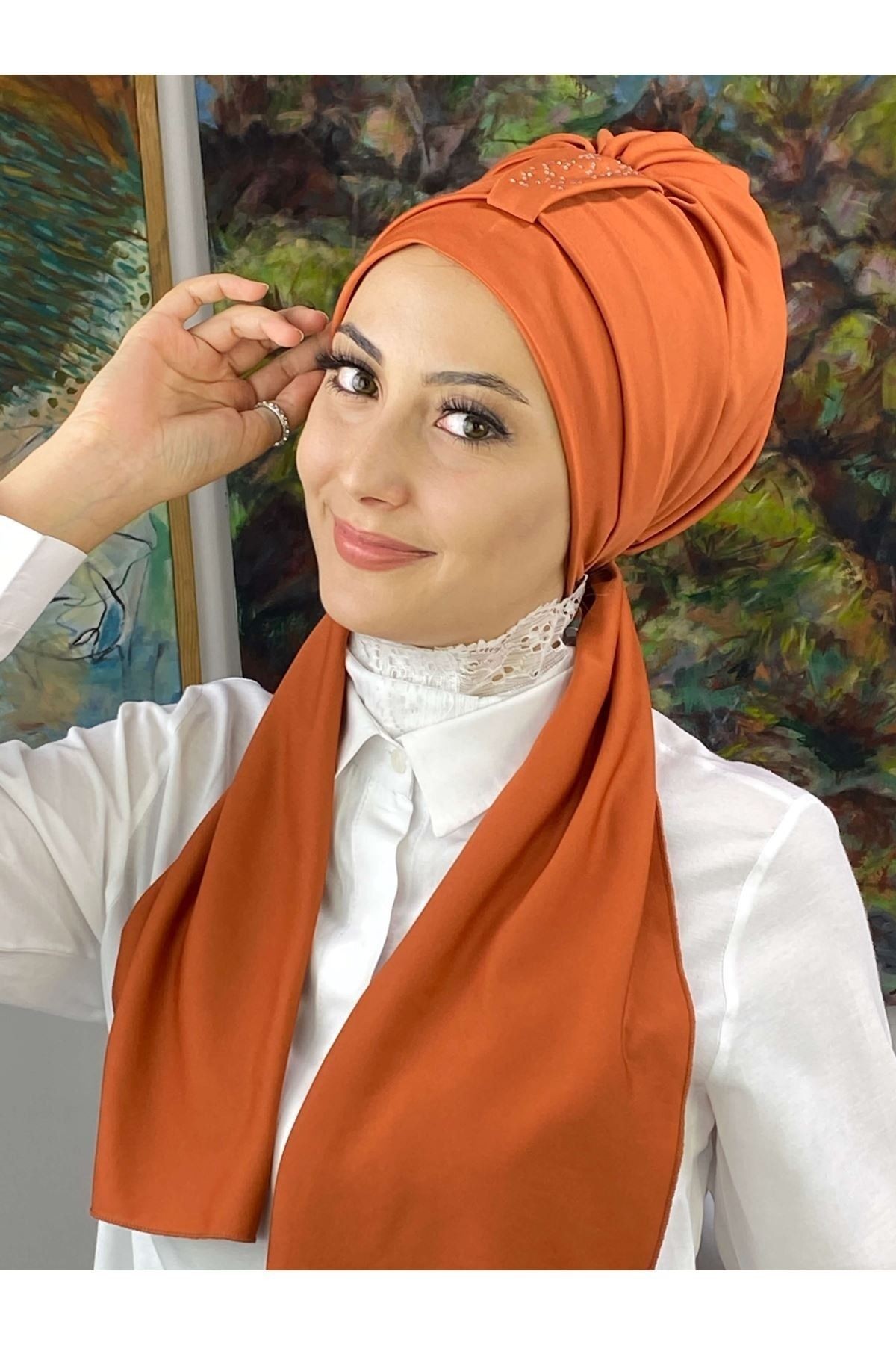 Hürrem Taşlı Tarçın Rengi Bone Şal