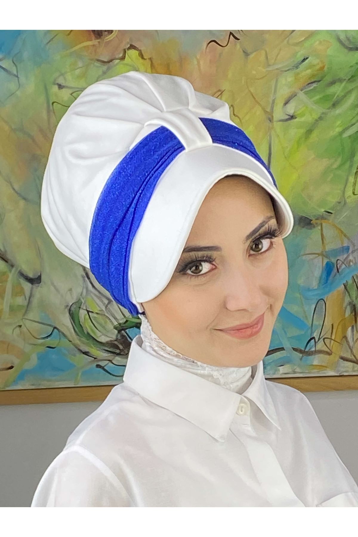 Cırtcırtlı Saks Mavisi Simli Şifon Fularlı Beyaz  Şapka
