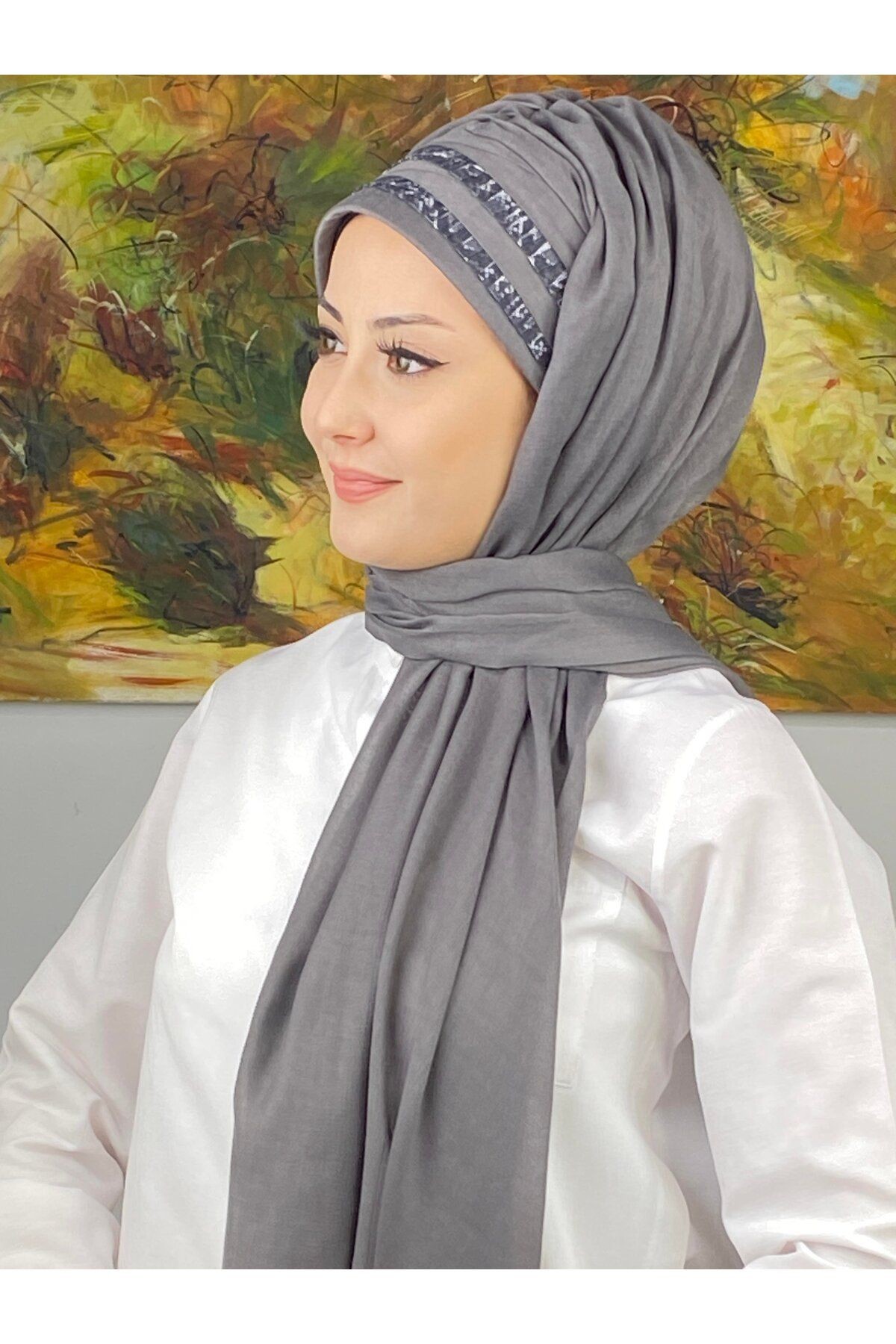 Topkapı Model Gri Soyut Desenli Şeritli Koyu Gri Hazır Şal