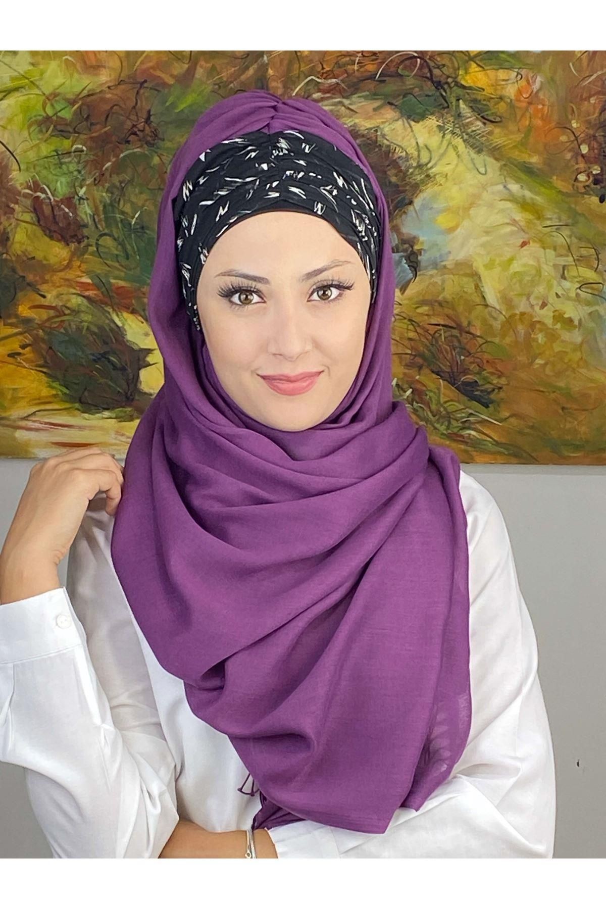 Siyah Beyaz Desenli Mor Büzgülü Hazır Şal
