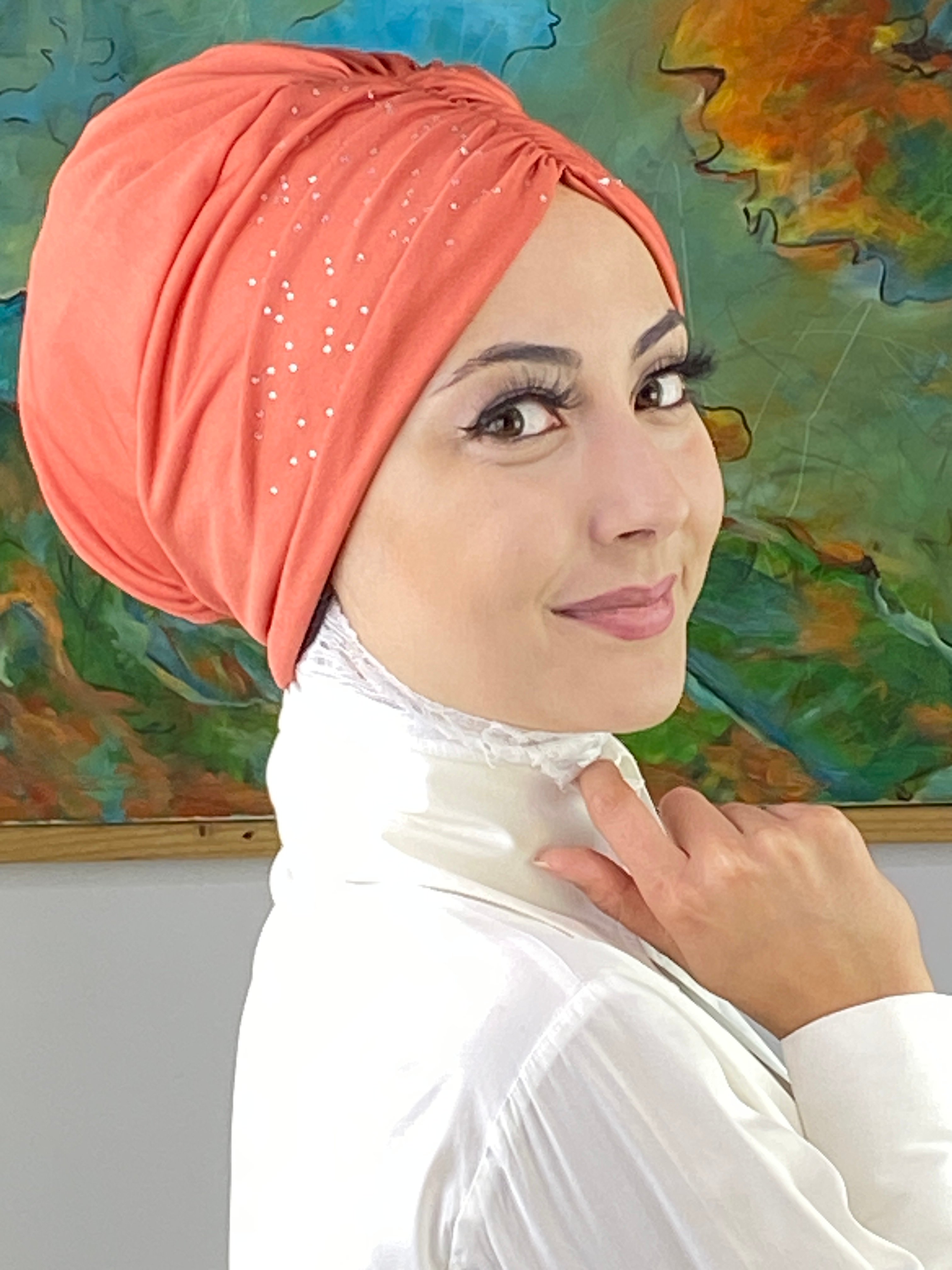 Sultan Model Taşlı Büzgülü Bone - turuncu