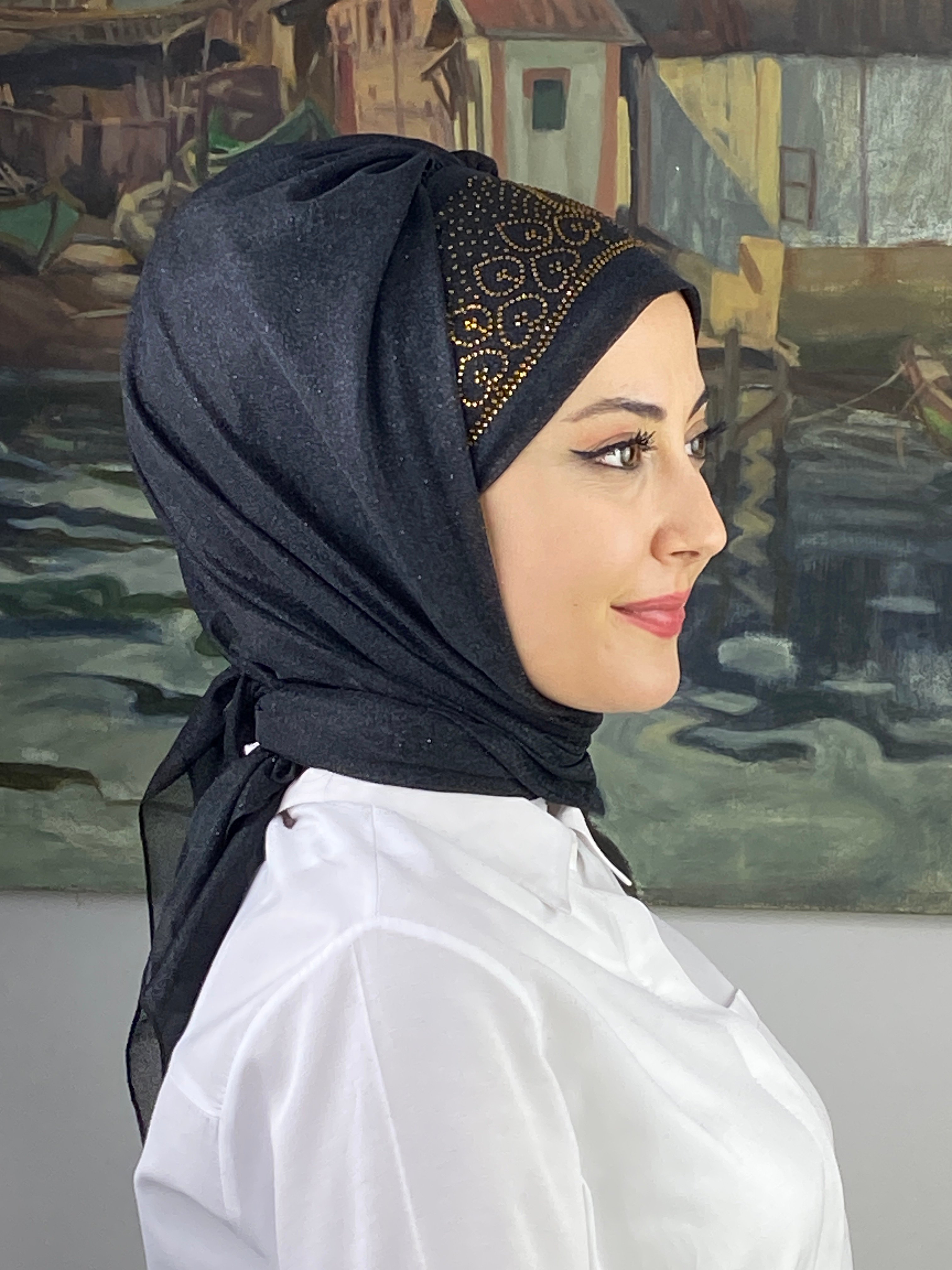 Prenses Model Gold Taşlı Simli Şifon Hazır Şal