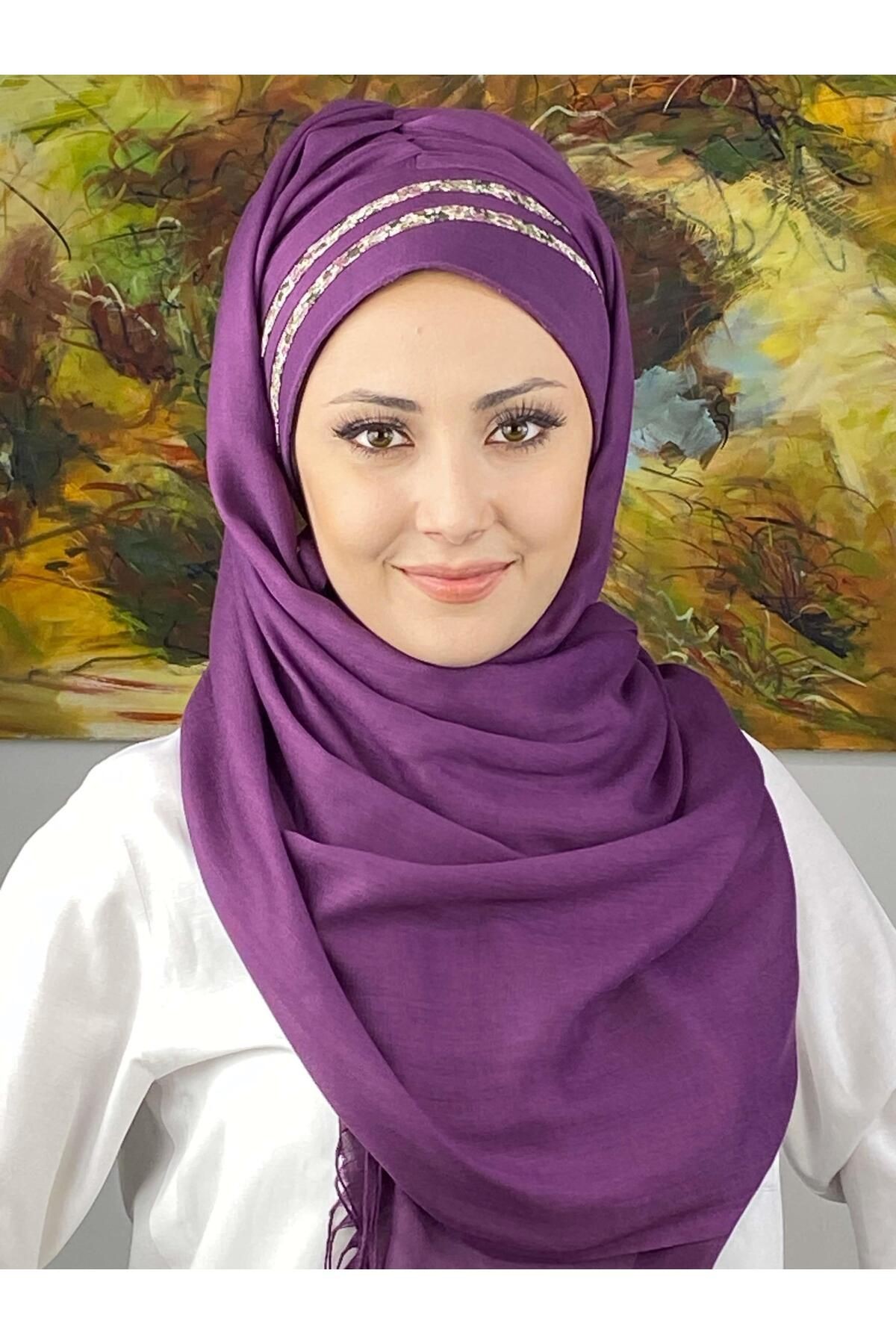 Saray Model Yan Drapeli Şifon Şeritli Desen Hazır Şal
