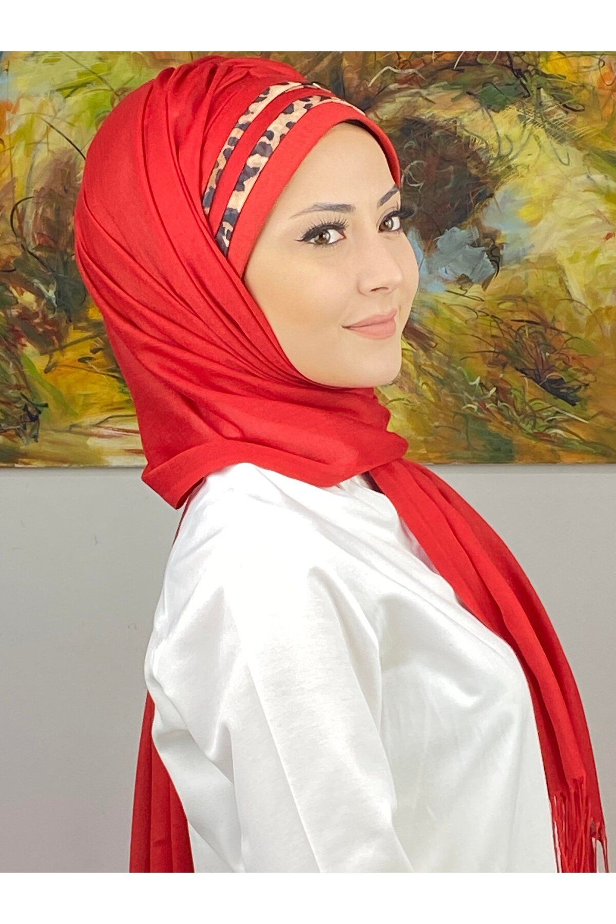 Topkapı Model Leopar Şerit Desenli Kırmızı Hazır Şal
