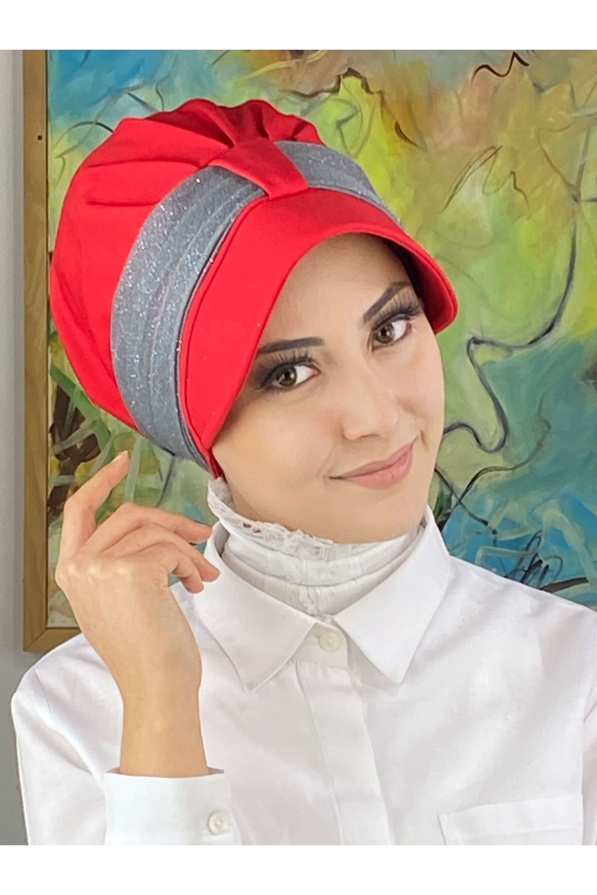 Cırtcırtlı Gri Şifon Fularlı Şapka