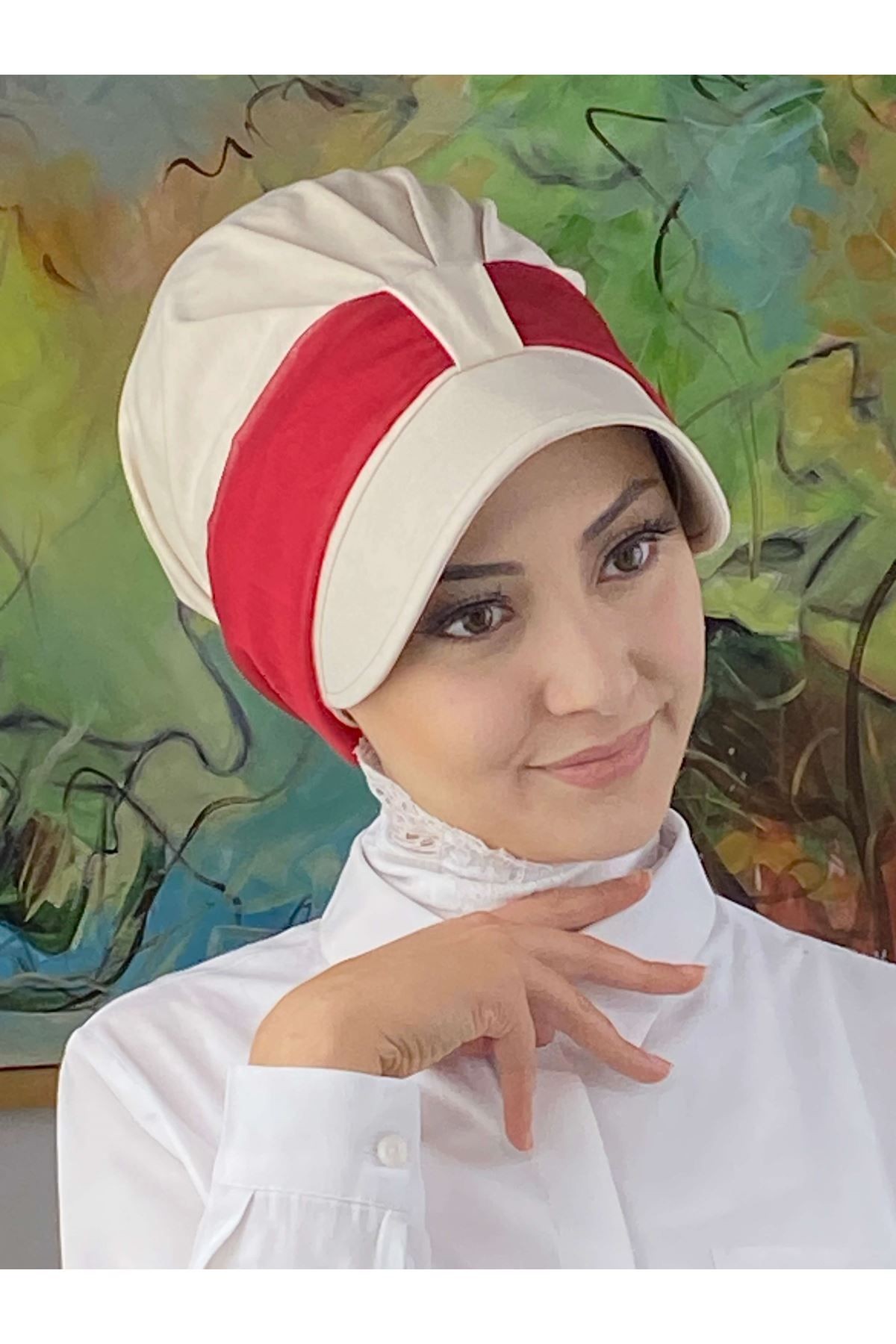 Cırtcırtlı Kırmızı Simli Şifon Fularlı Şapka