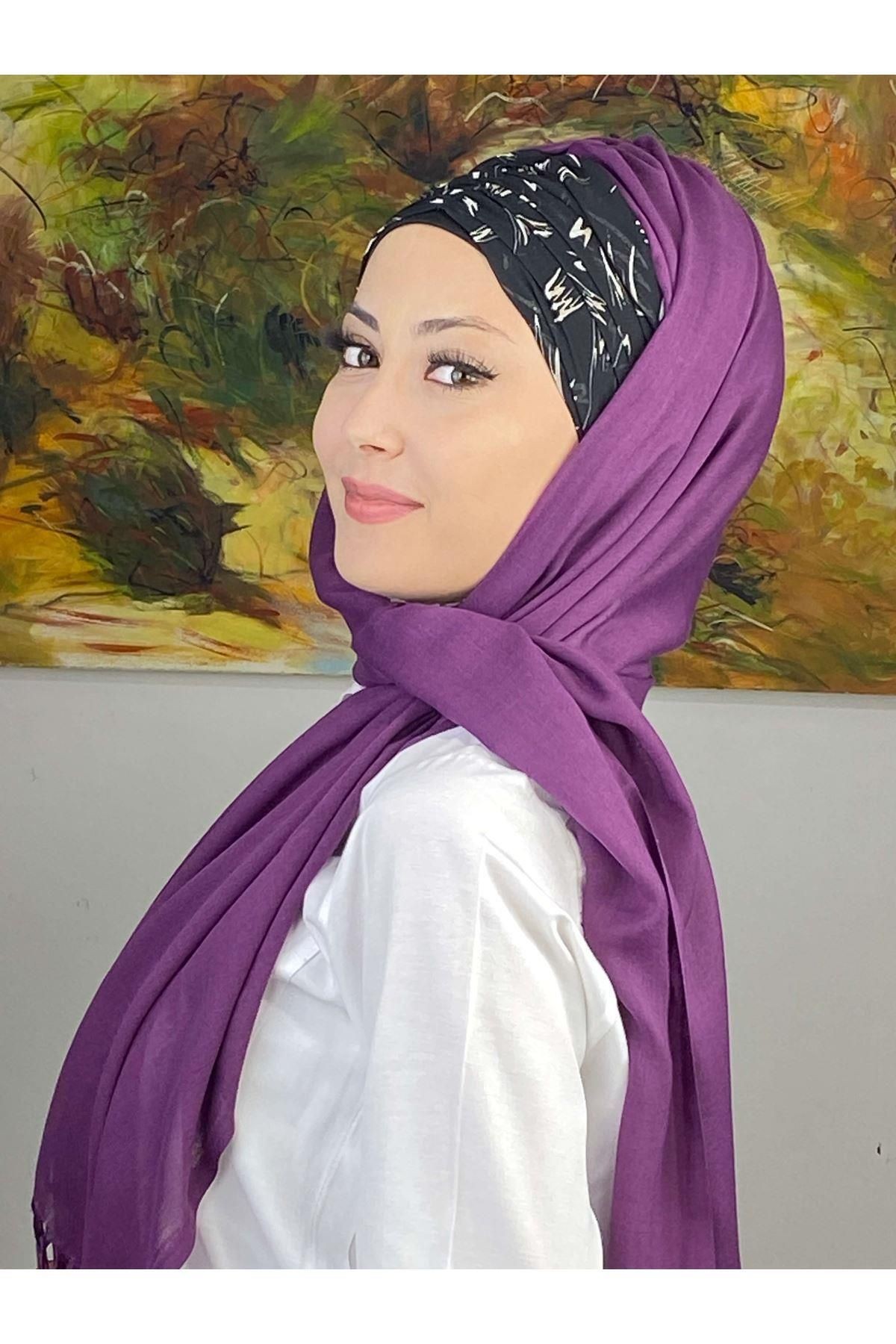 Siyah Beyaz Desenli Mor Büzgülü Hazır Şal