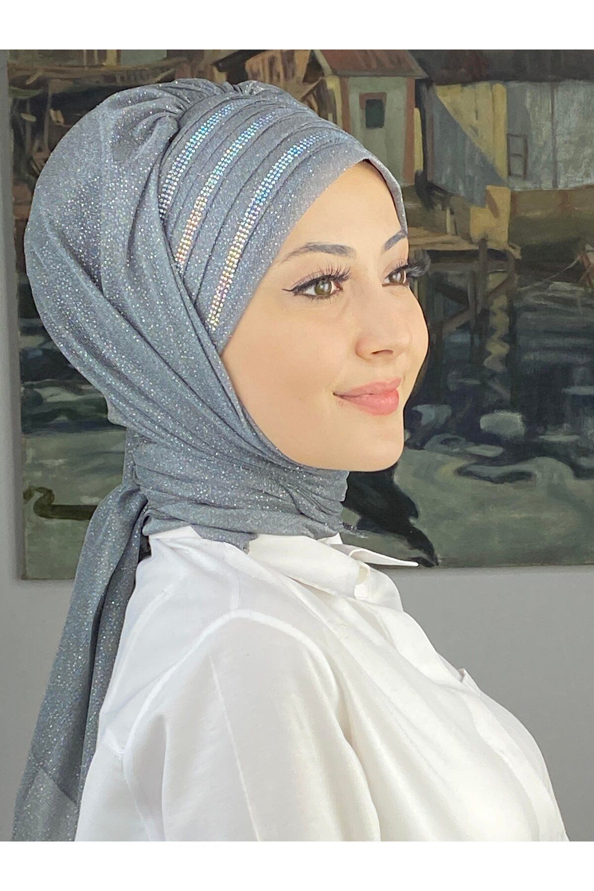 Lüks Topkapı Model Taşlı Simli Kısa Abiye Koyu Gri Hazır Şal