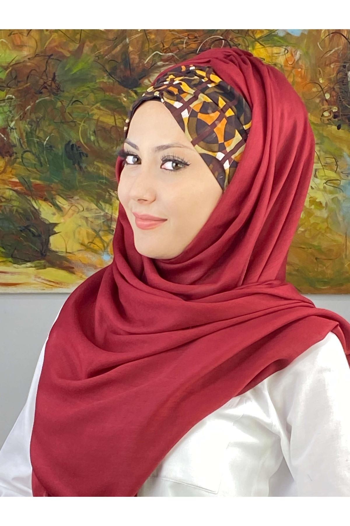 Geometrik Desenli Bordo Büzgülü Hazır Şal