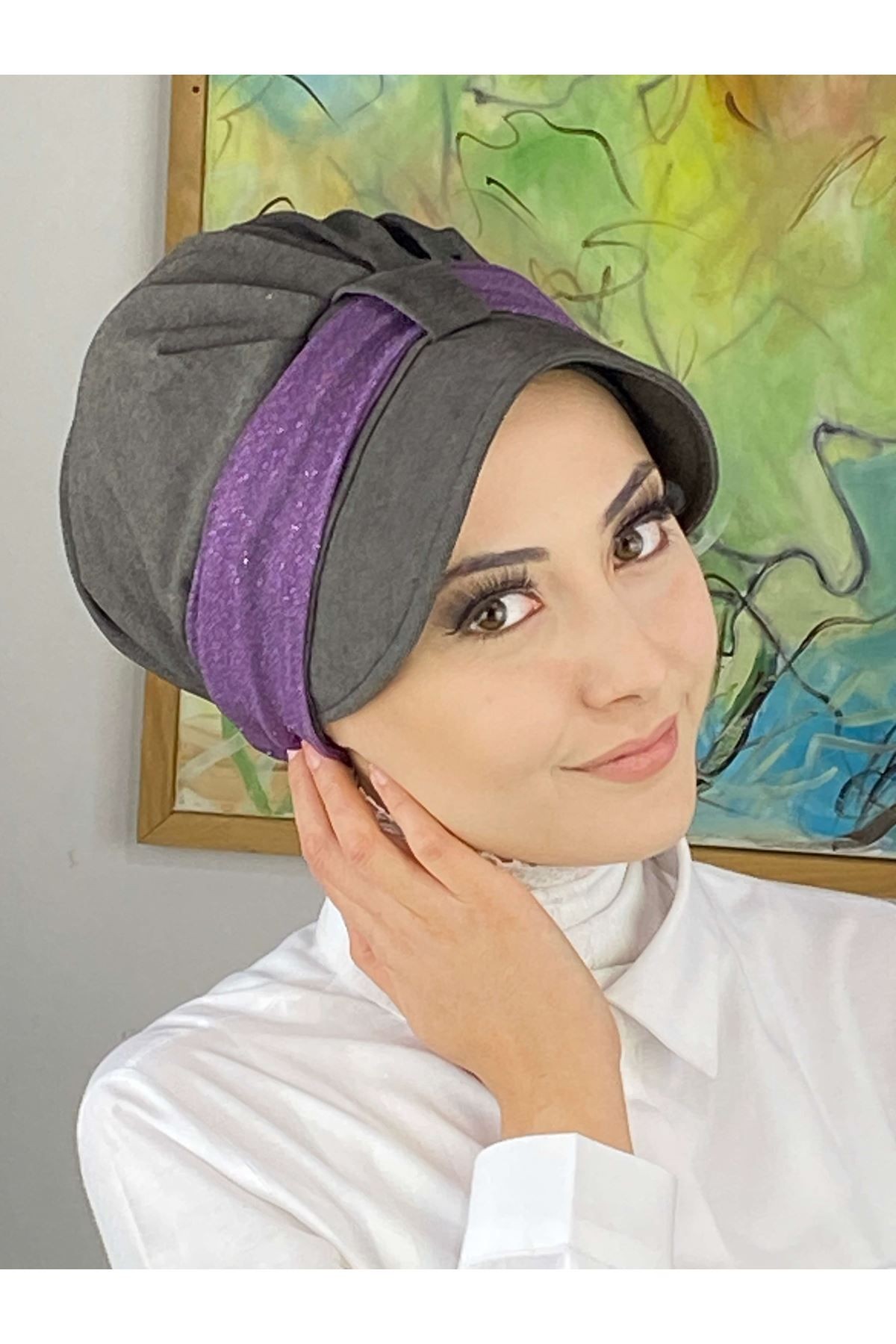 Cırtcırtlı Koyu Leylak Simli Şifon Fularlı Şapka