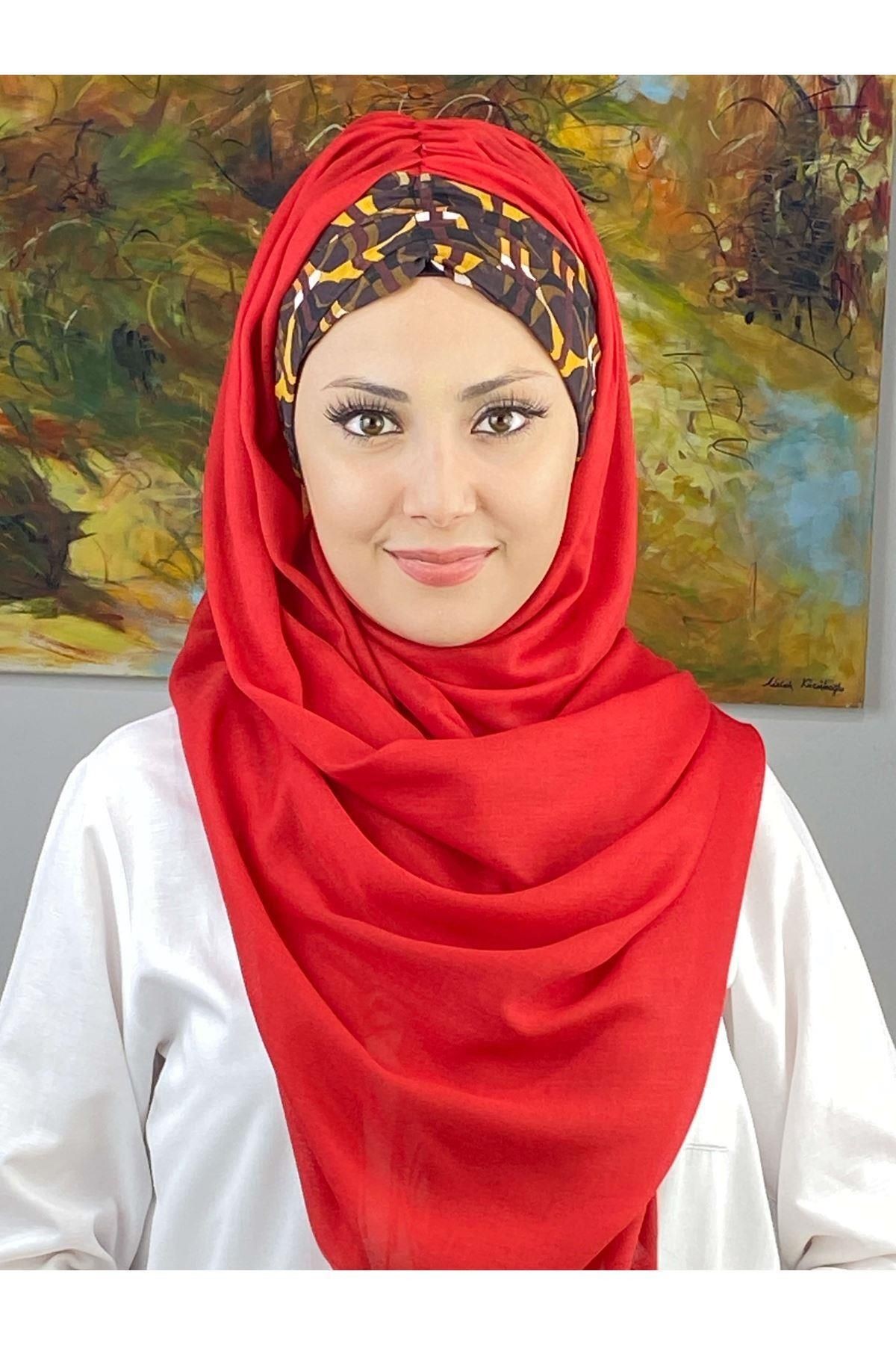Geometrik Desenli Kırmızı Büzgülü Hazır Şal