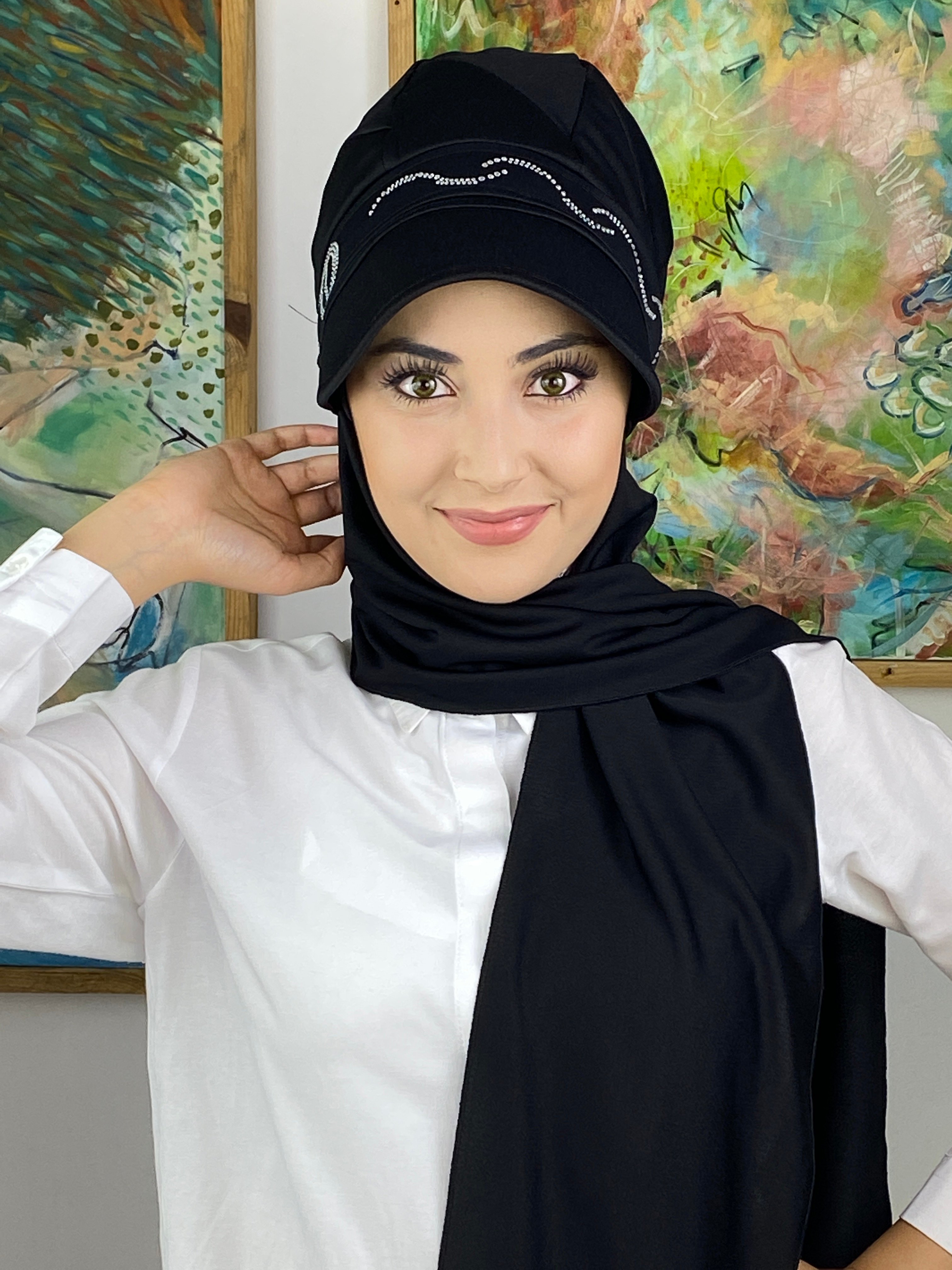 Tek Biritli Fularlı Şapka - siyah