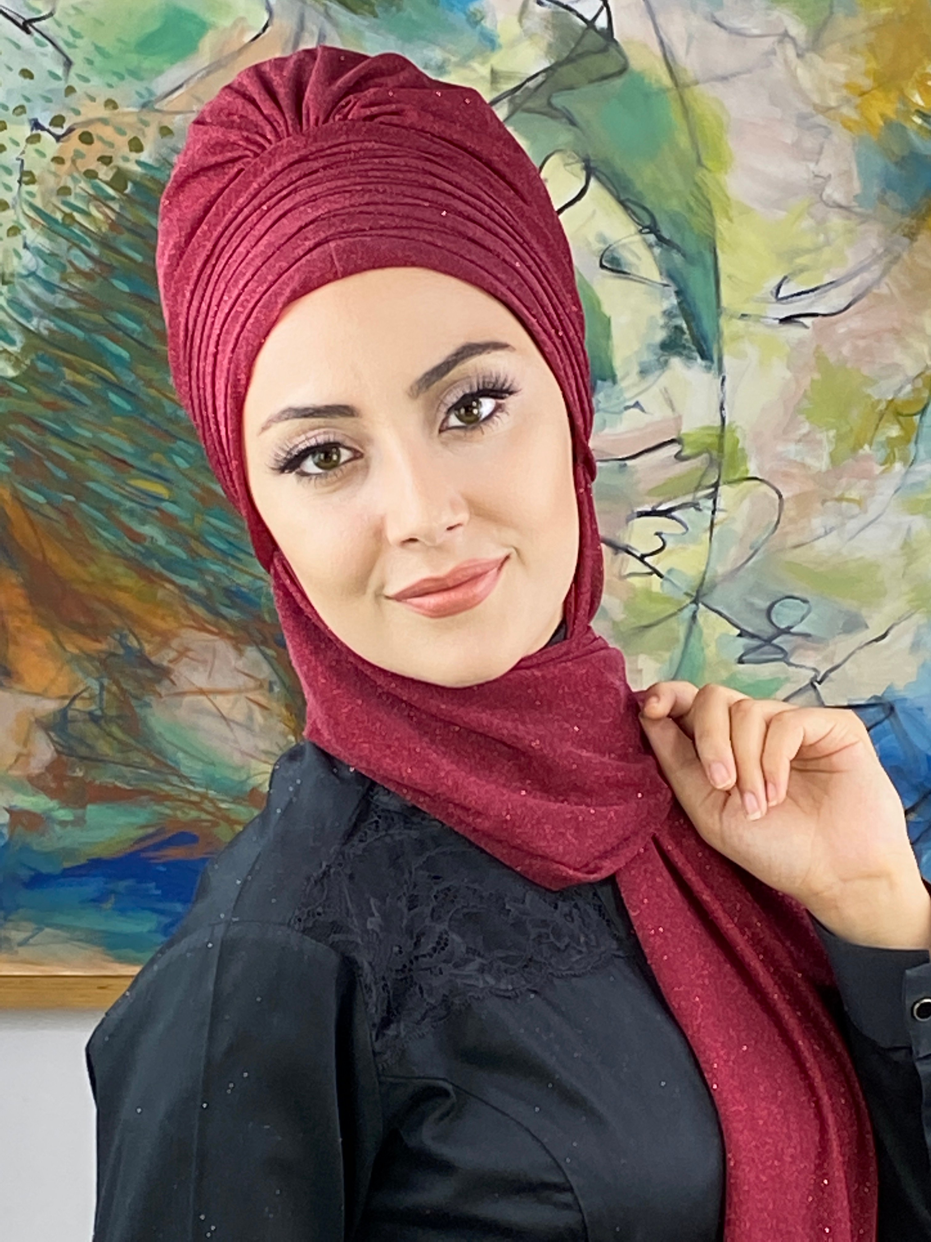 Simli Atkılı Bone şal  - bordo