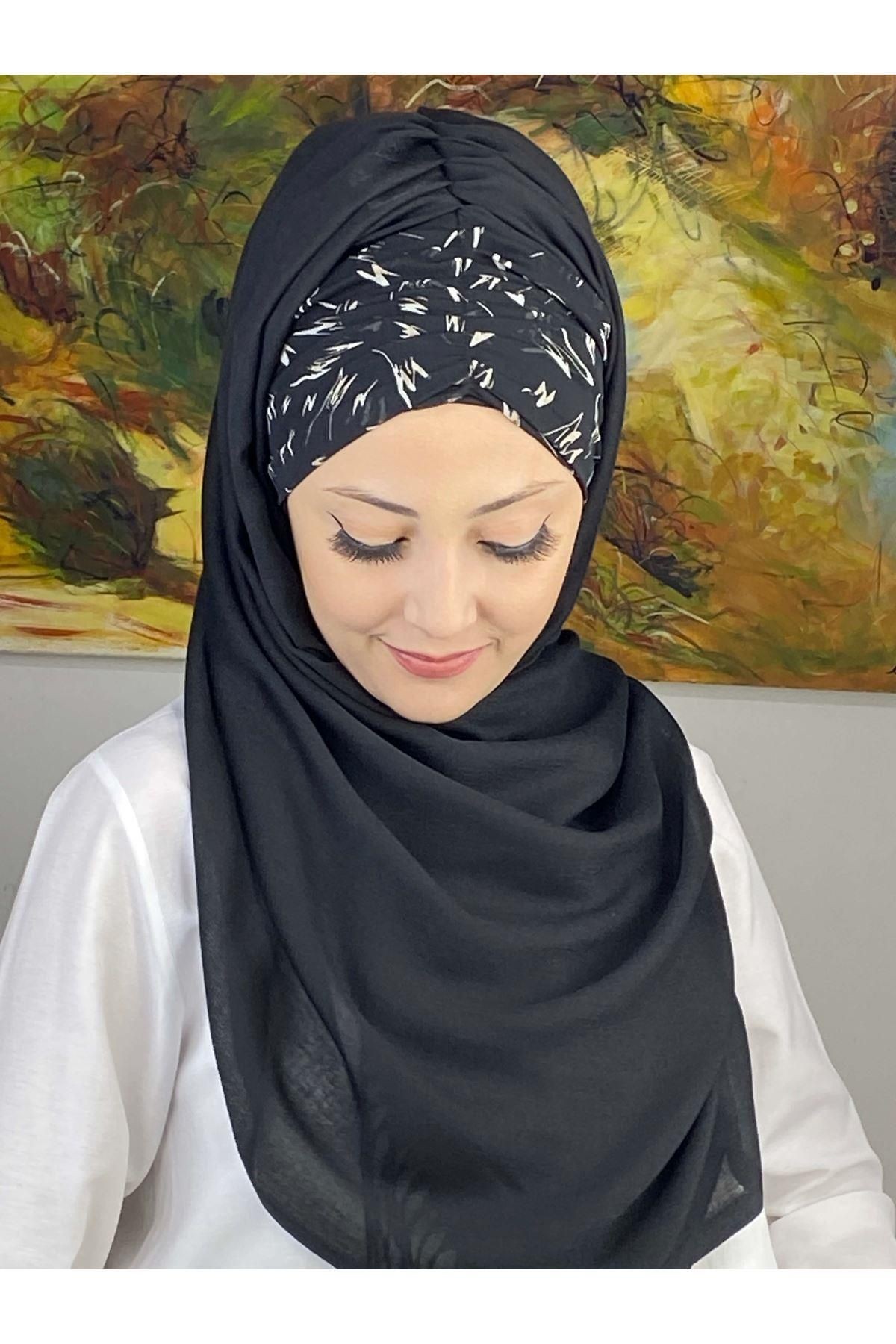 Siyah Beyaz Desenli Siyah Büzgülü Hazır Şal