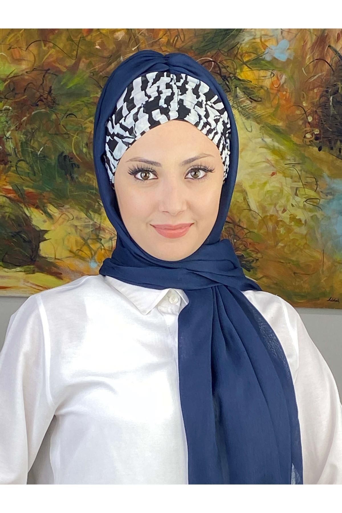 Zebra Desenli Lacivert Büzgülü Hazır Şal