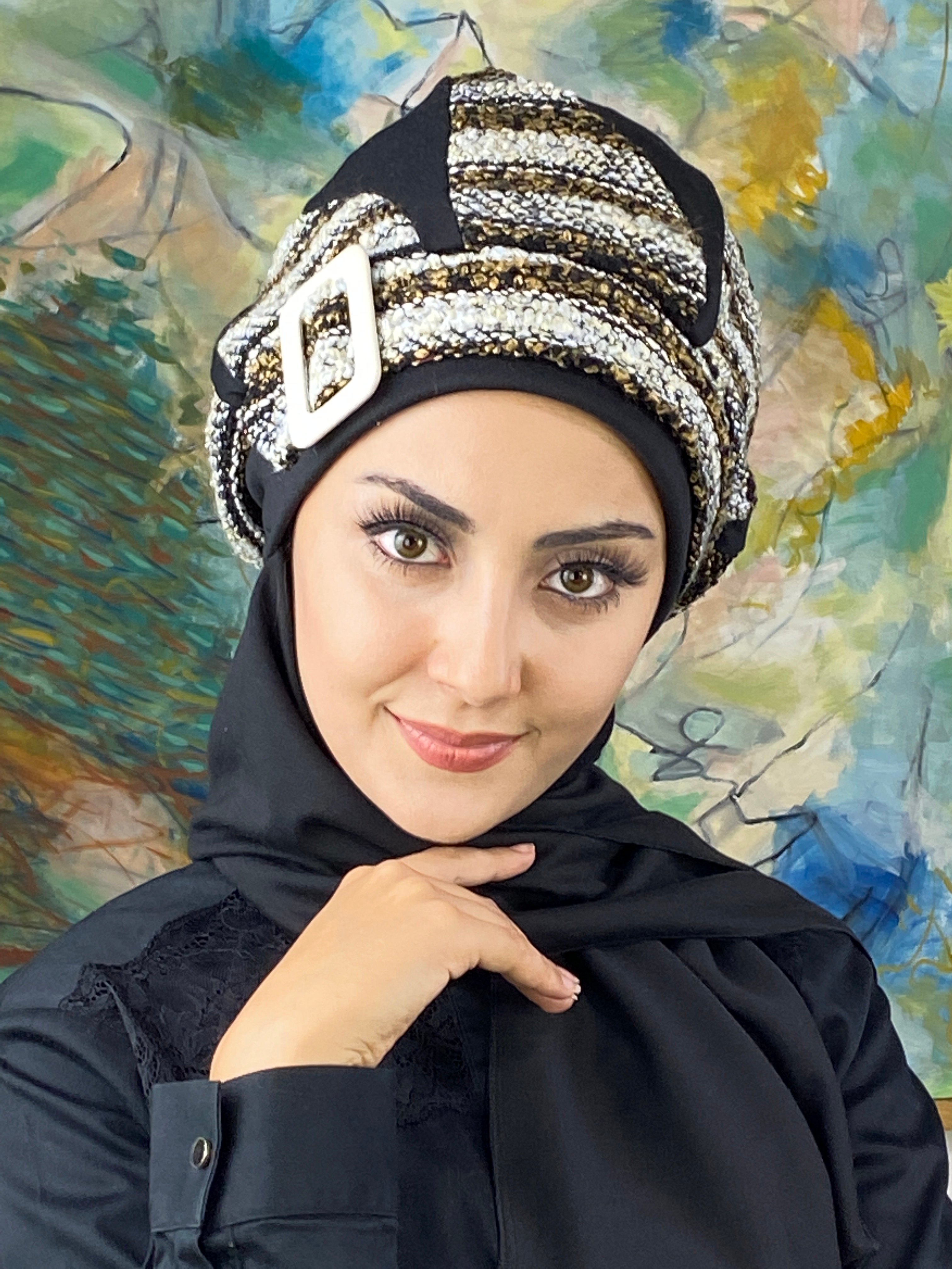  Çizgili Haroşalı Triko Tesettür Bere - siyah -