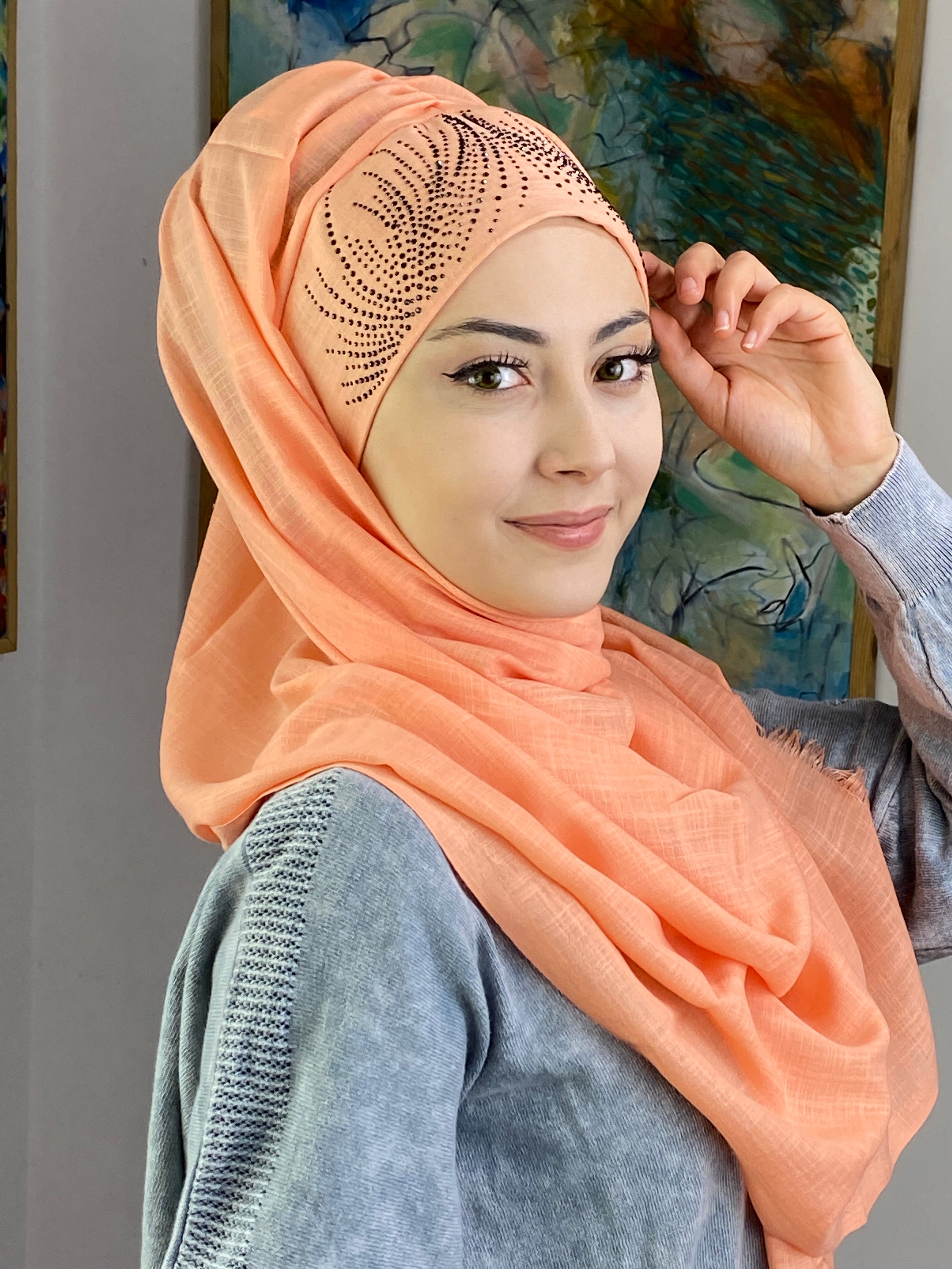 İhtişamlı Taşlı Model Şal - açık somon-
