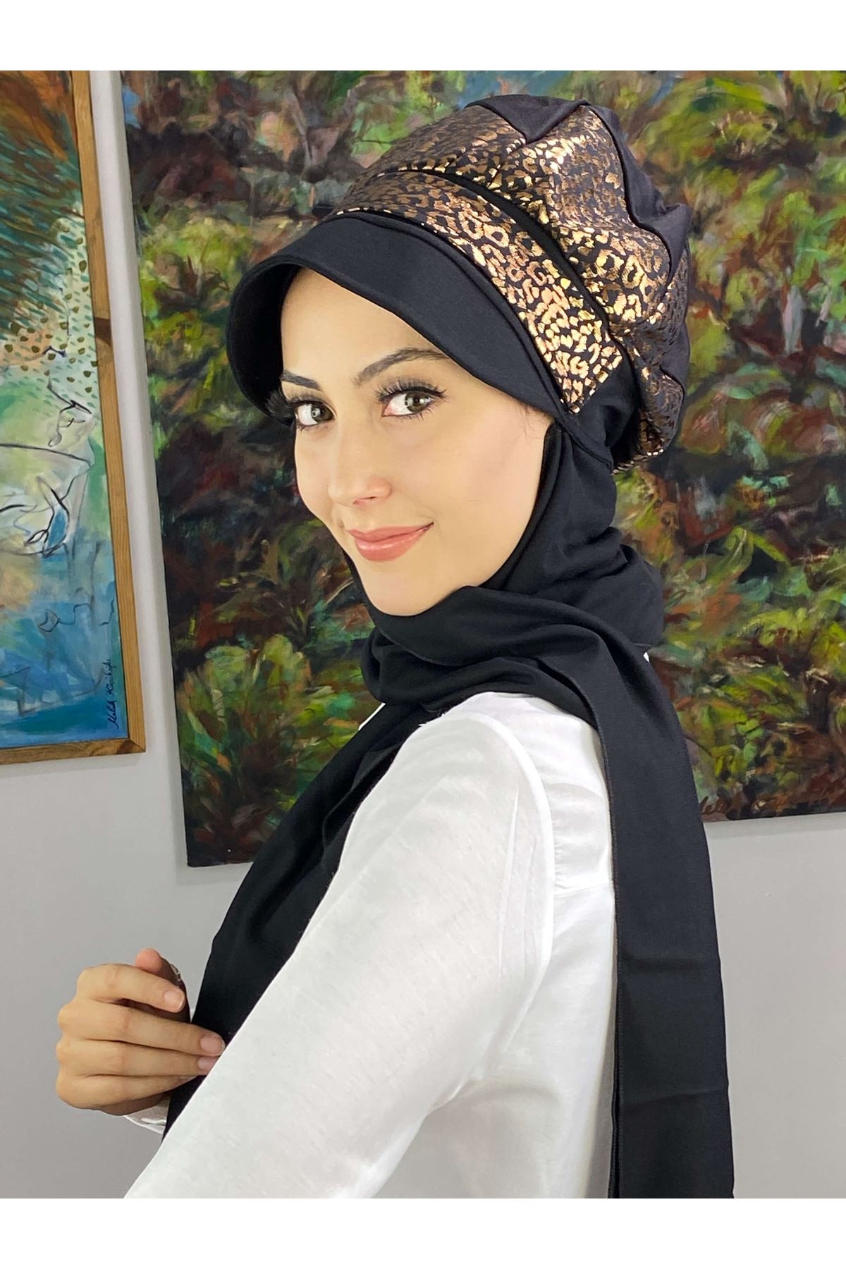 Bakır Leopar Desenli Tokalı Şapka Şal
