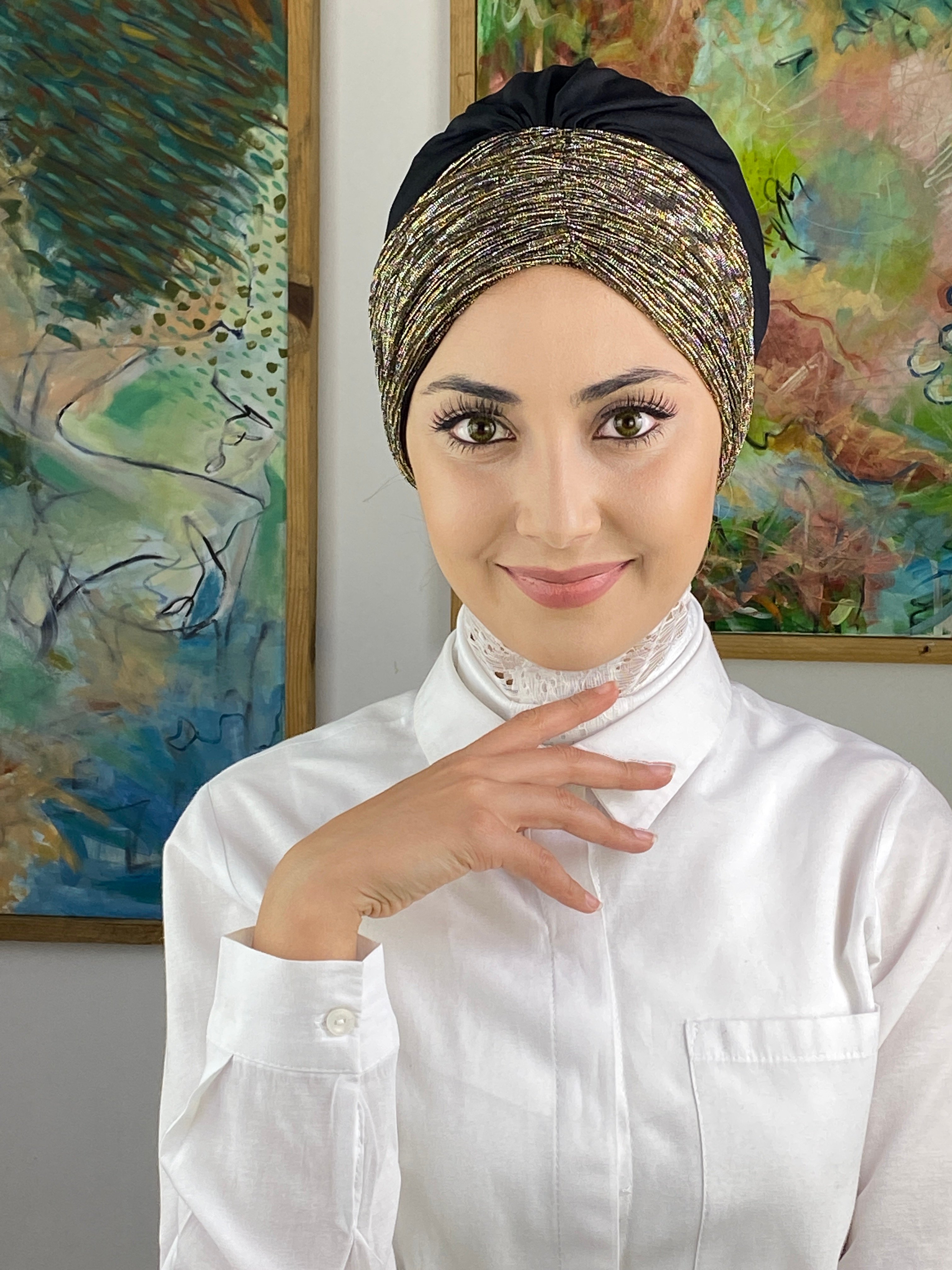 Büzgülü Siyah Bone - siyah - gold simli