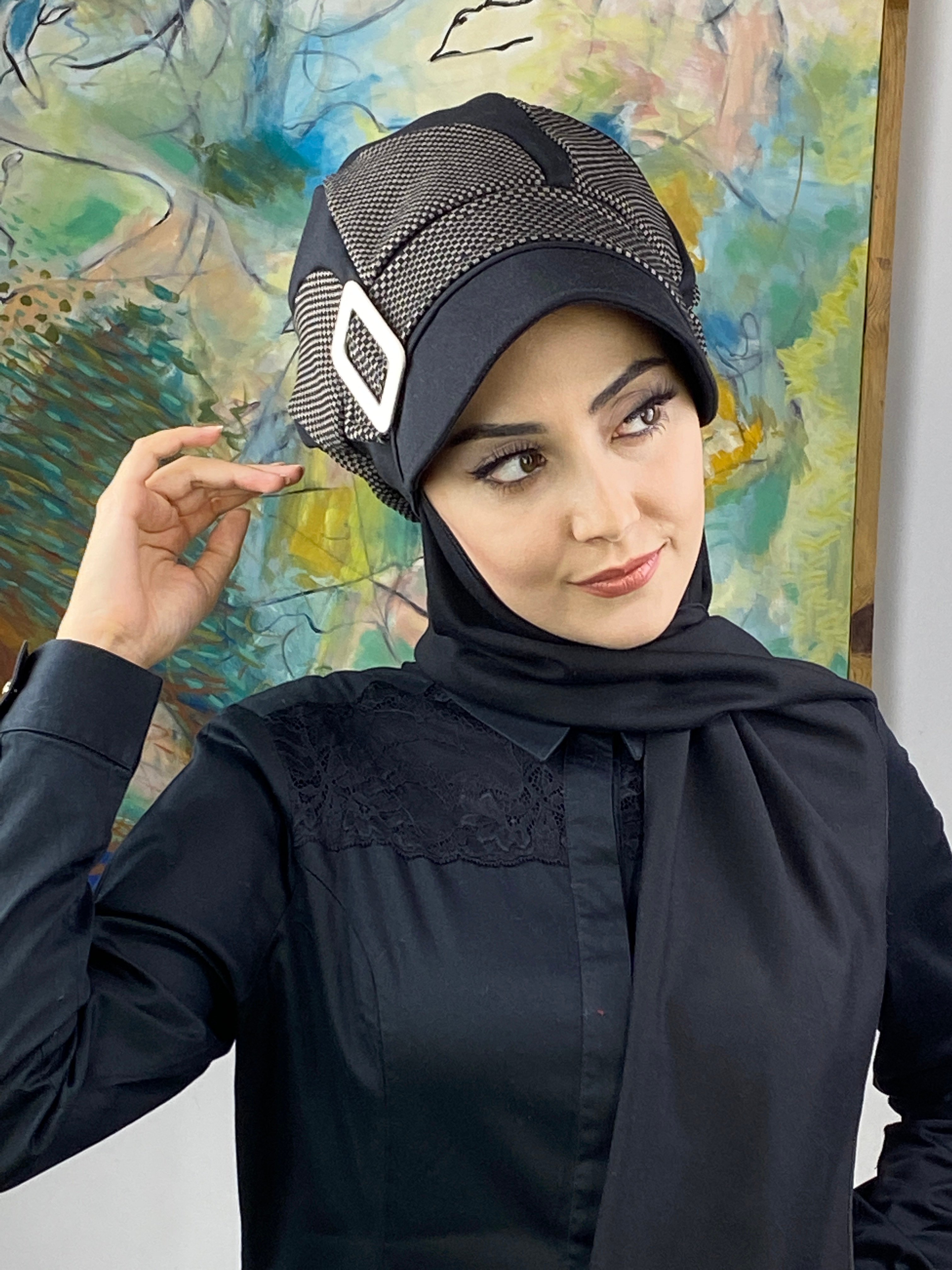Damla Model Küçük Ekoseli Tesettür Bone Şal - siyah