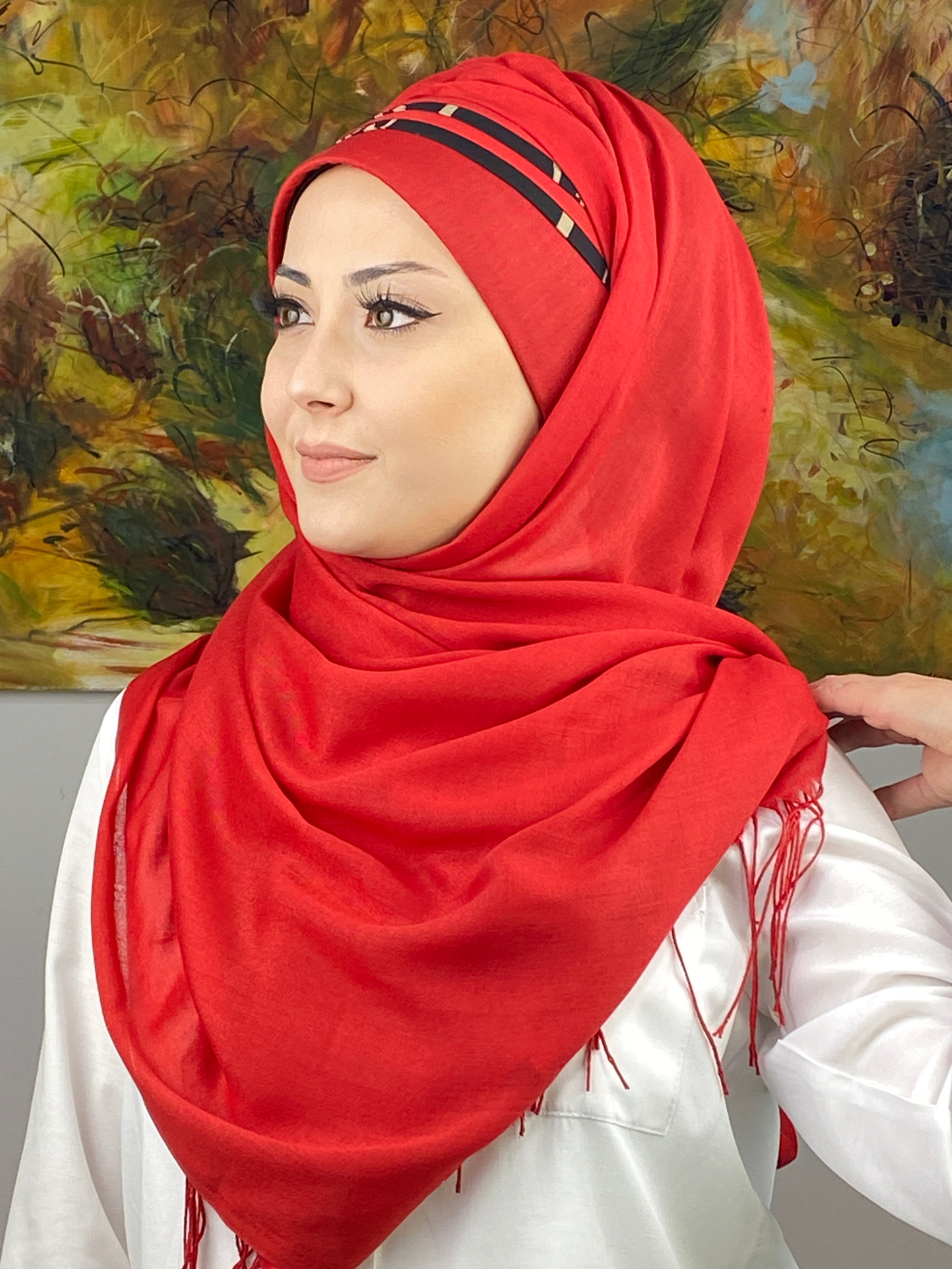  Saray Model Siyah Şeritli Desen Hazır Şal