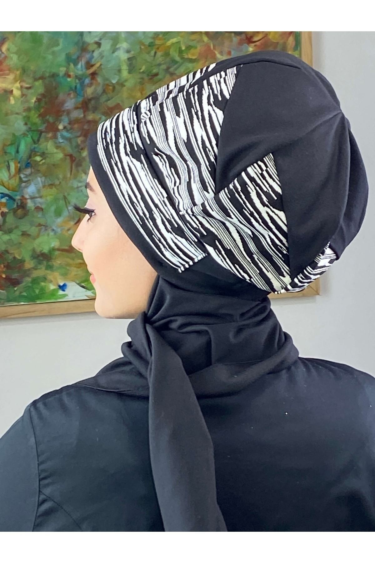 Çarkıfelek Siyah Çizgili Desenli Atkılı Tesettür Bere