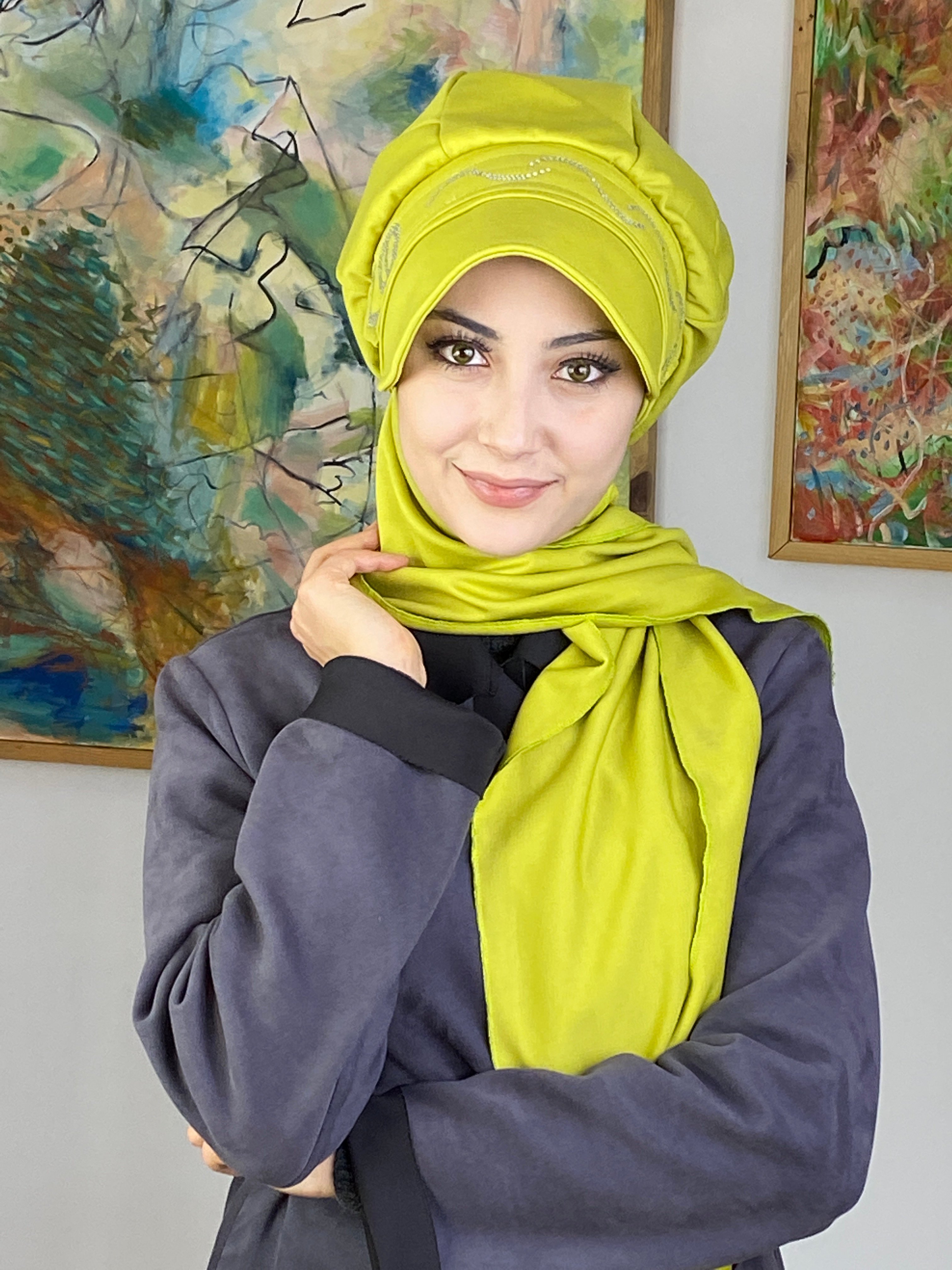 Taş Detaylı Şapka Şal - açık fıstık yeşil
