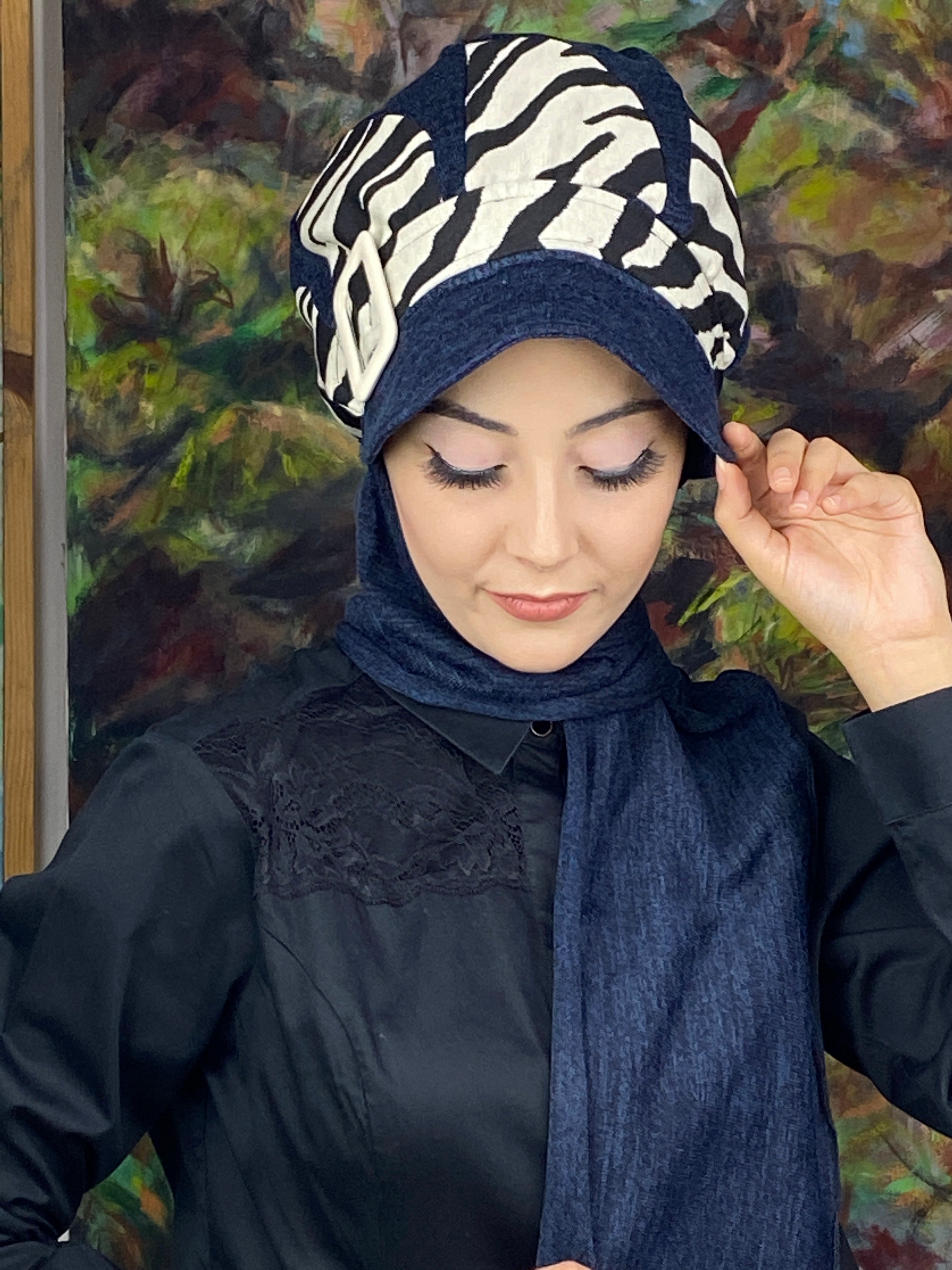 Damla Model İri Zebra Desenli Tesettür Şapka Şal