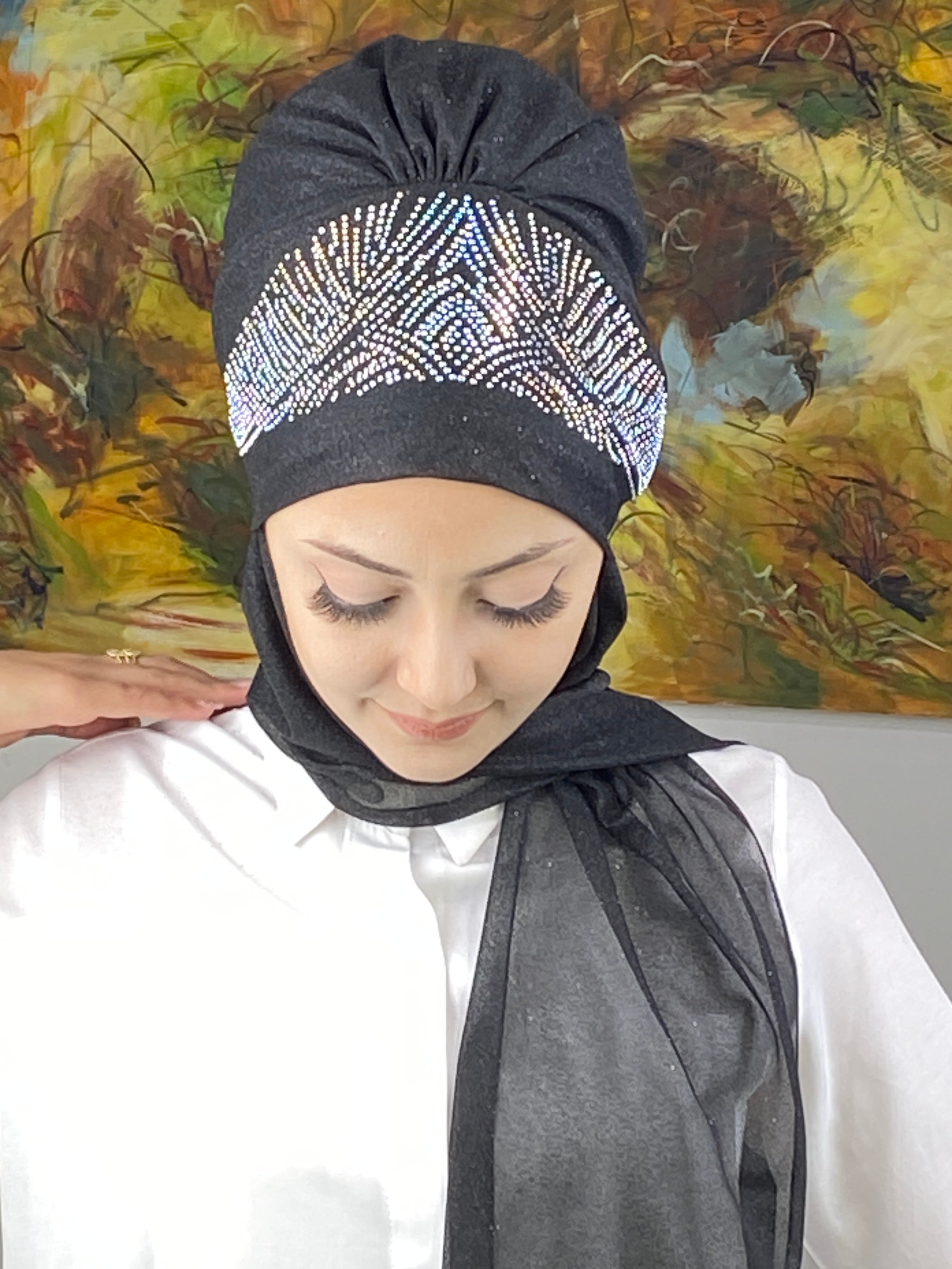 Kristal Taç Model Taşlı Abiye Atkılı Bone Şal