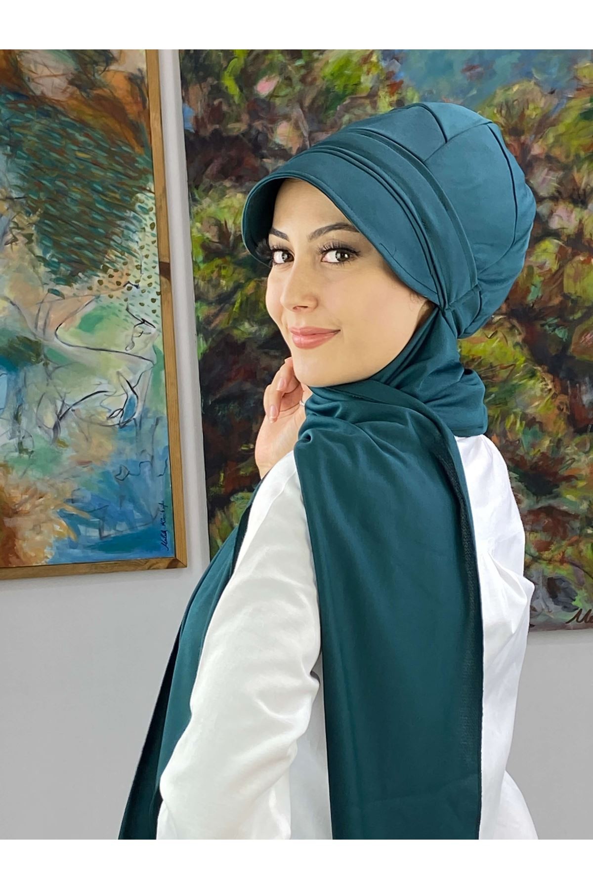 Petrol Yeşili Tokalı Şapka Şal