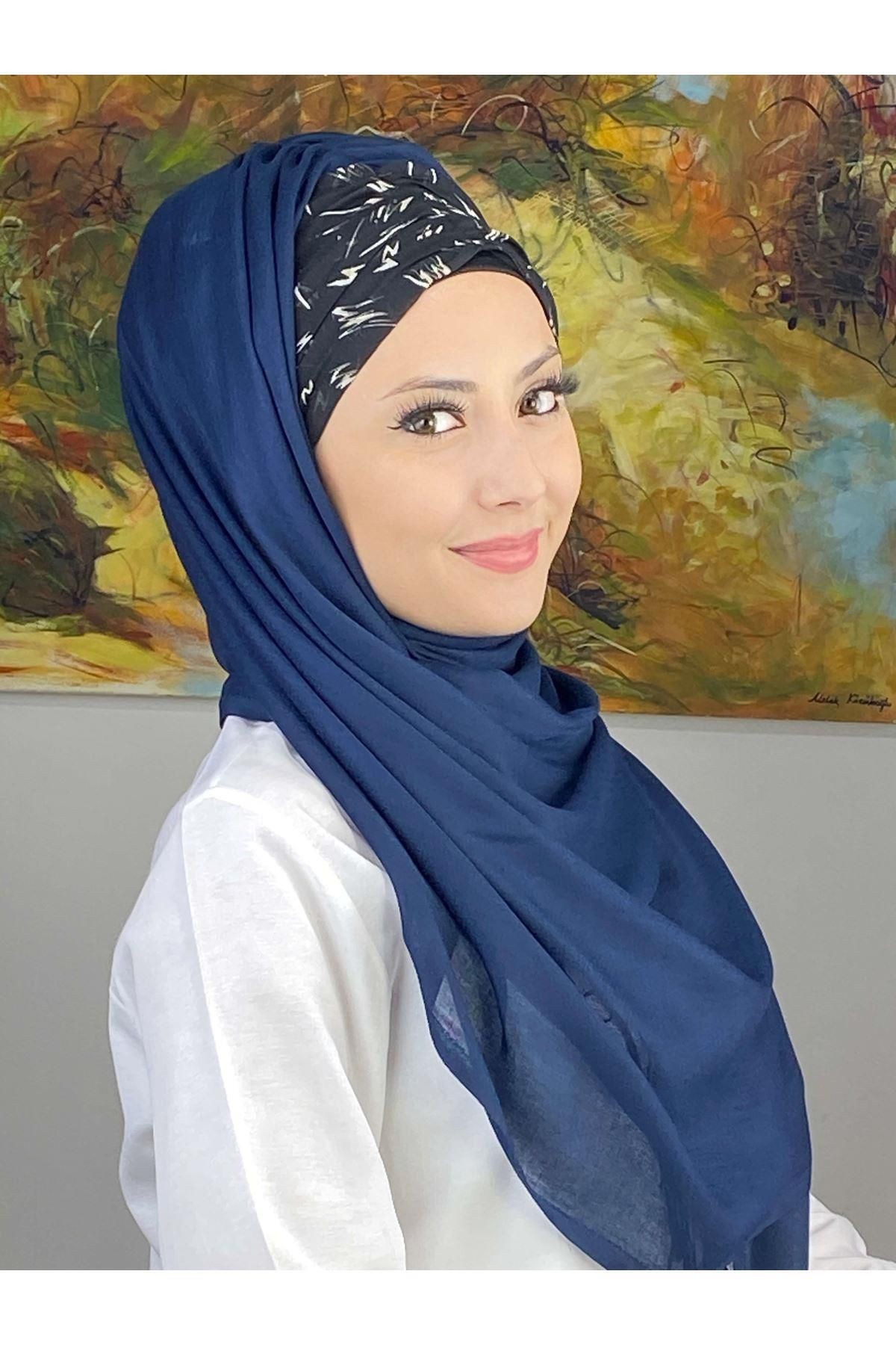 Siyah Beyaz Desenli Lacivert Büzgülü Hazır Şal