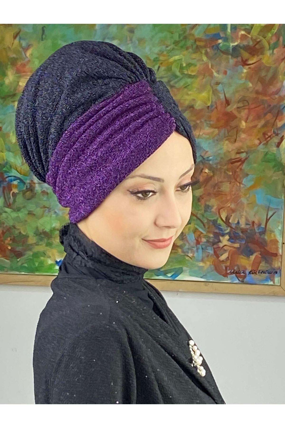 Sultan Model Siyah Mor Çift Renkli Büzgülü Dış Bone