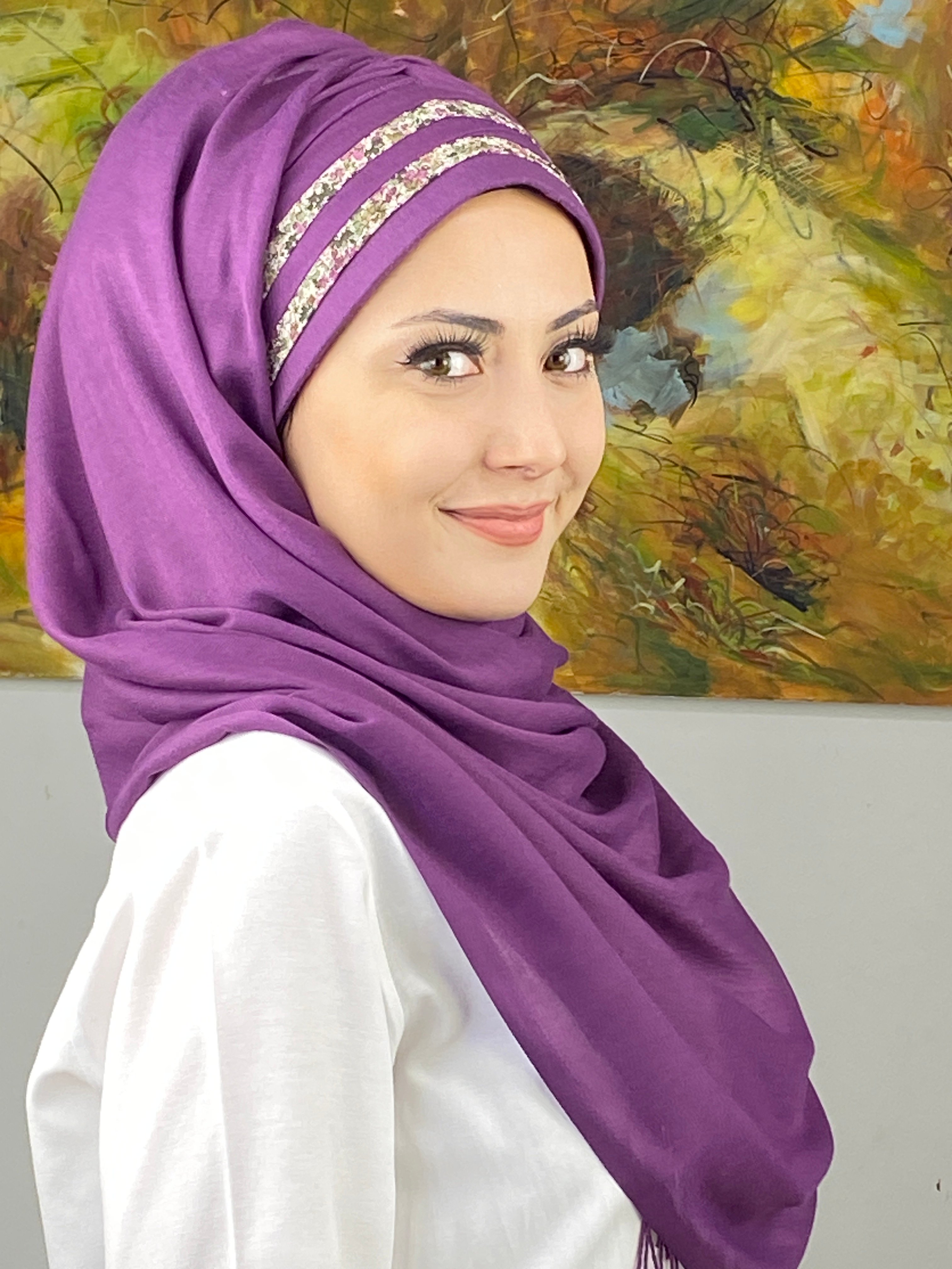 Topkapı Model Çiçekli Şeritli Mor Hazır Şal