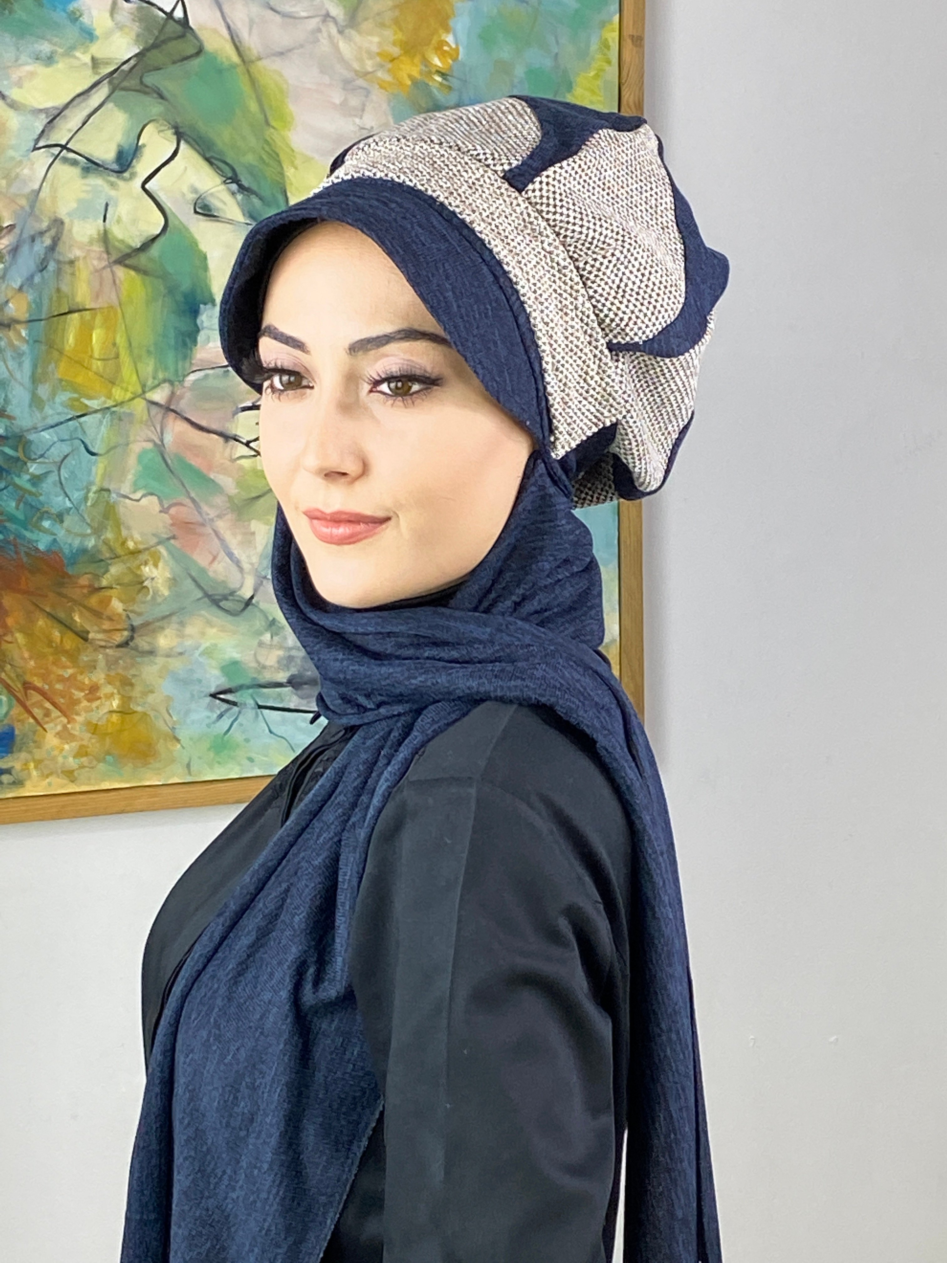 Damla Model Kırçıllı Triko Tesettür Tesettür Şapka Şal - lacivert